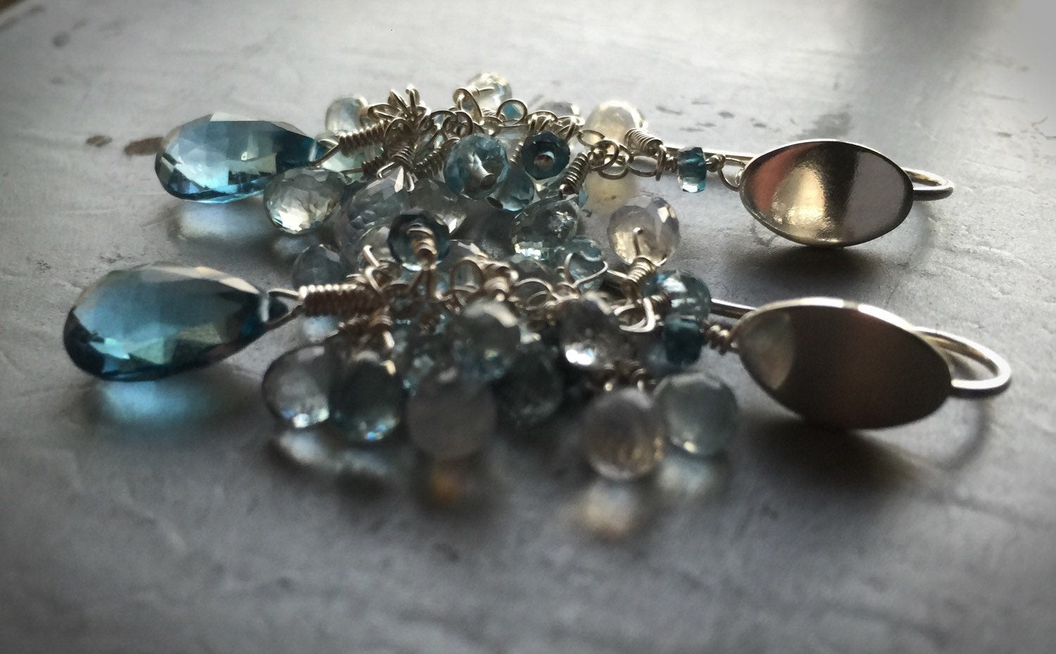 Beautiful London Blue Topaz, Aquamarine, and Moonstone Cluster Earrings