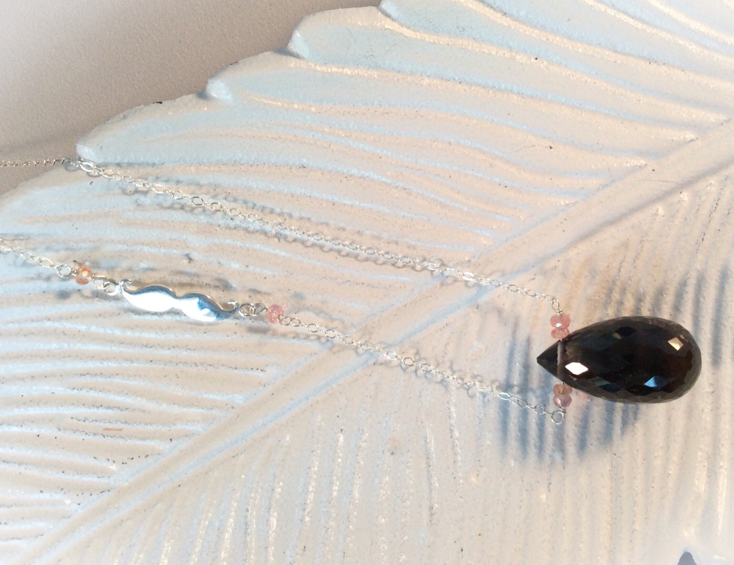 Large Smoky Quartz, Peach Sapphire, and Moustache Necklace