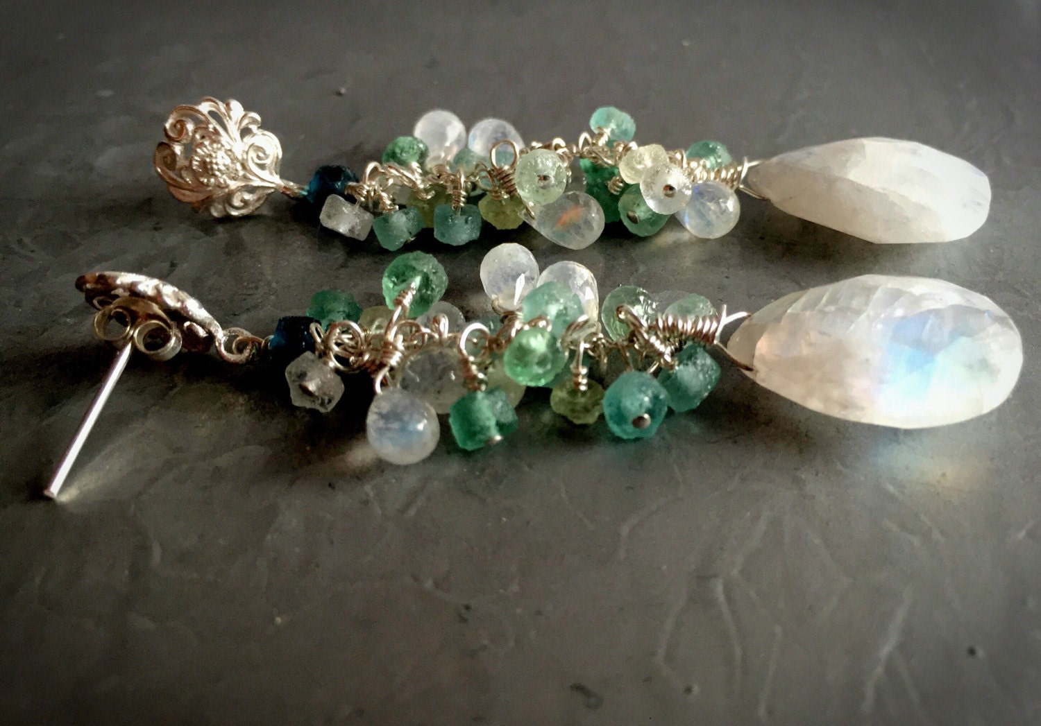 Ancient Roman Glass and Rainbow Moonstone Earrings