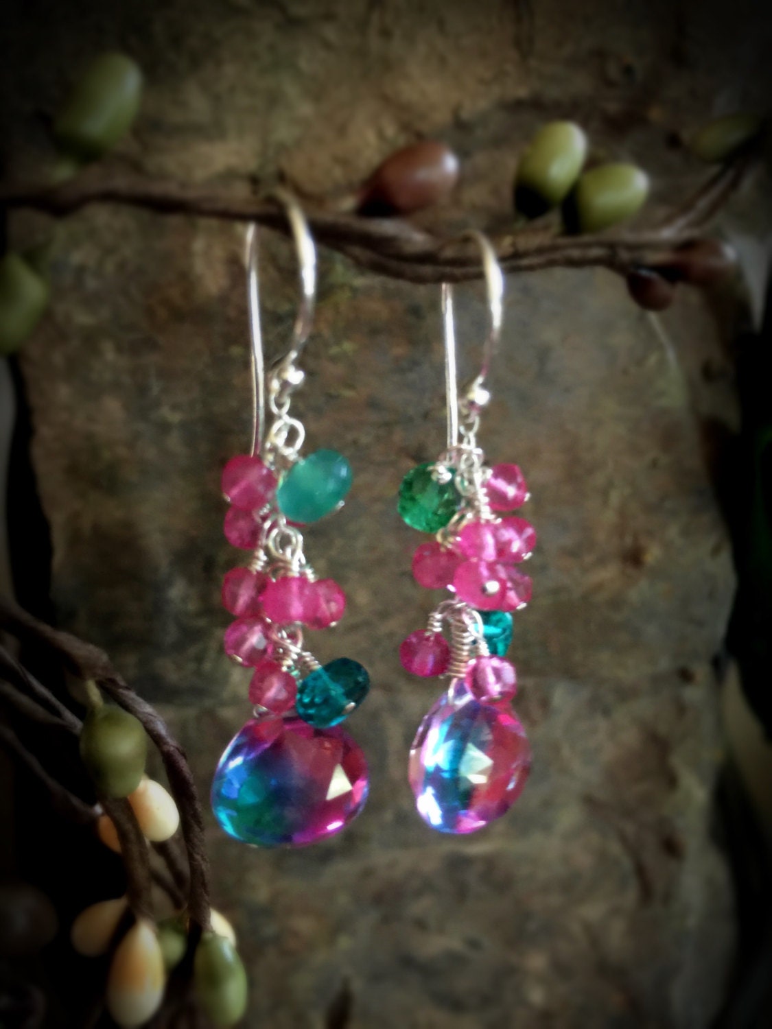 Teal and Hot Pink Quartz Earrings