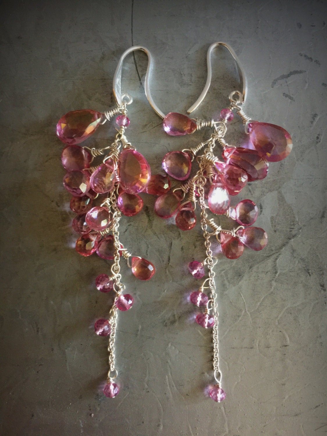 Bright Pink Topaz Reverse Cluster Long Dangle Silver Earrings