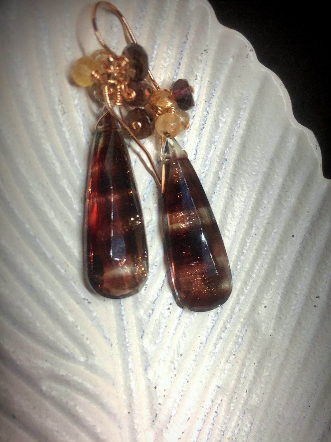 Aubergine Glitter Quartz & Imperial Topaz Earrings