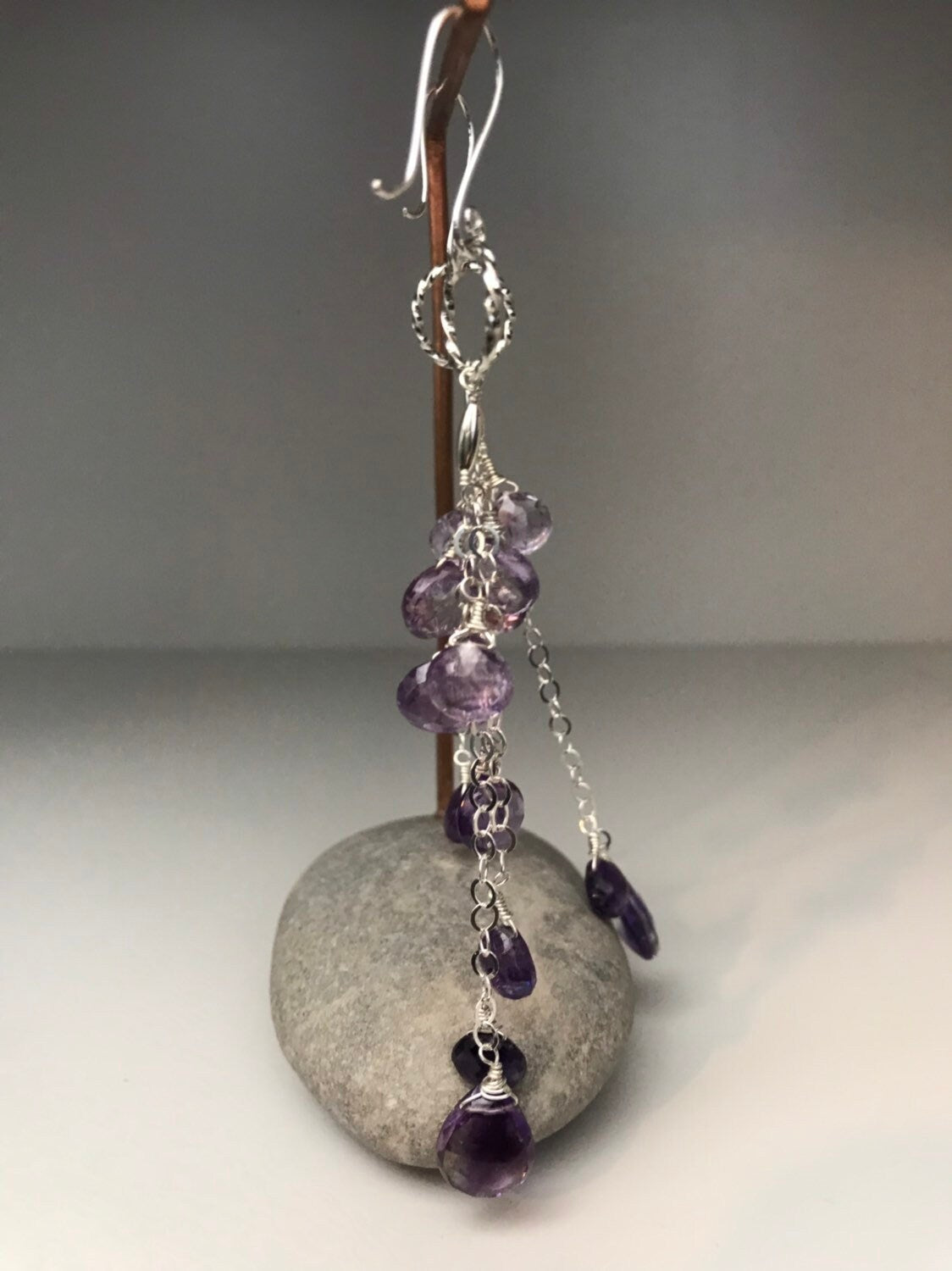 Long Moss Amethyst Chain Earrings