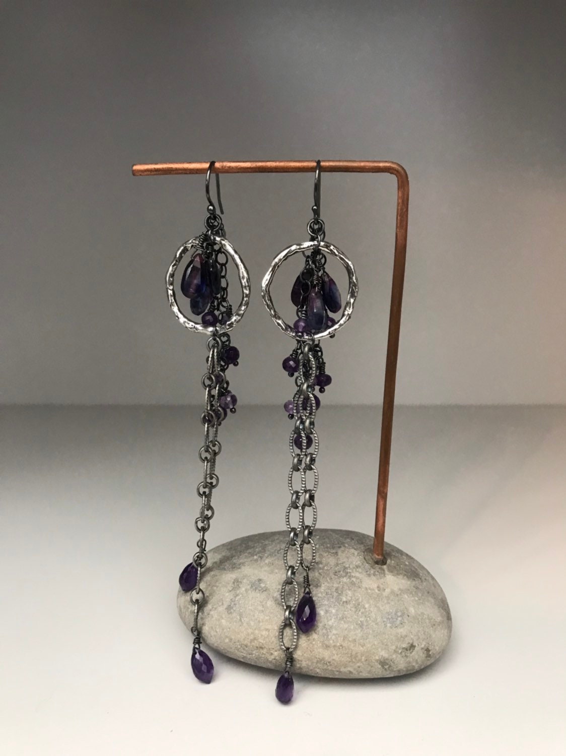 Long Amethyst & Kyanite Chain Earrings