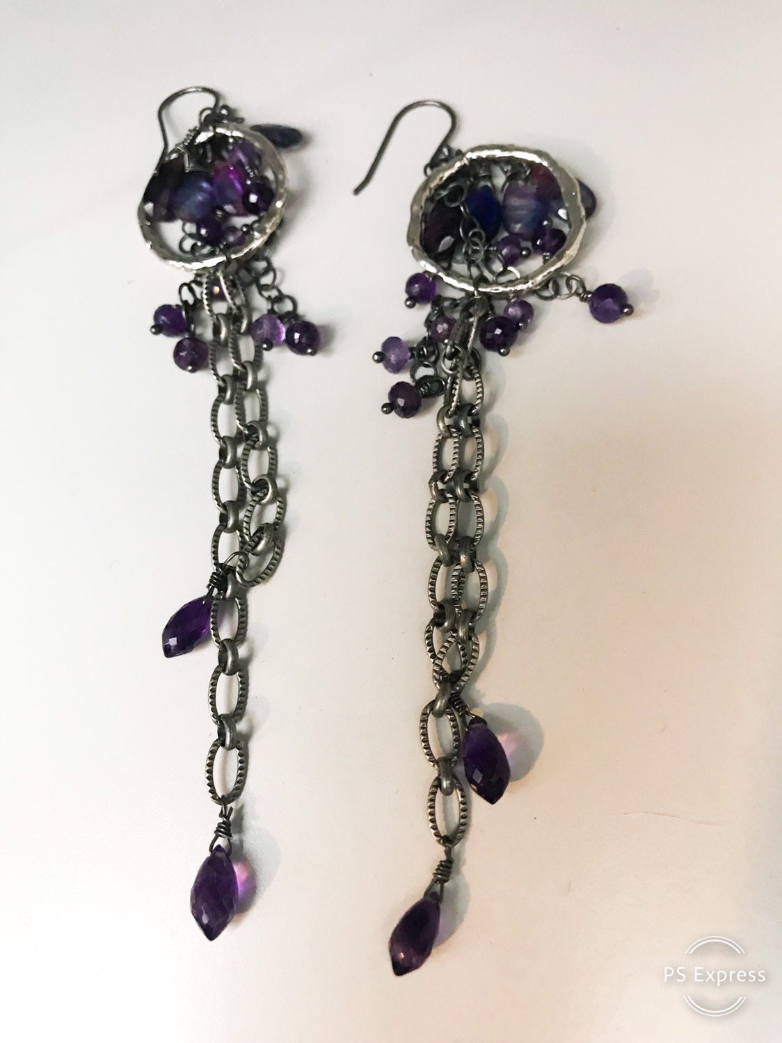 Long Amethyst & Kyanite Chain Earrings