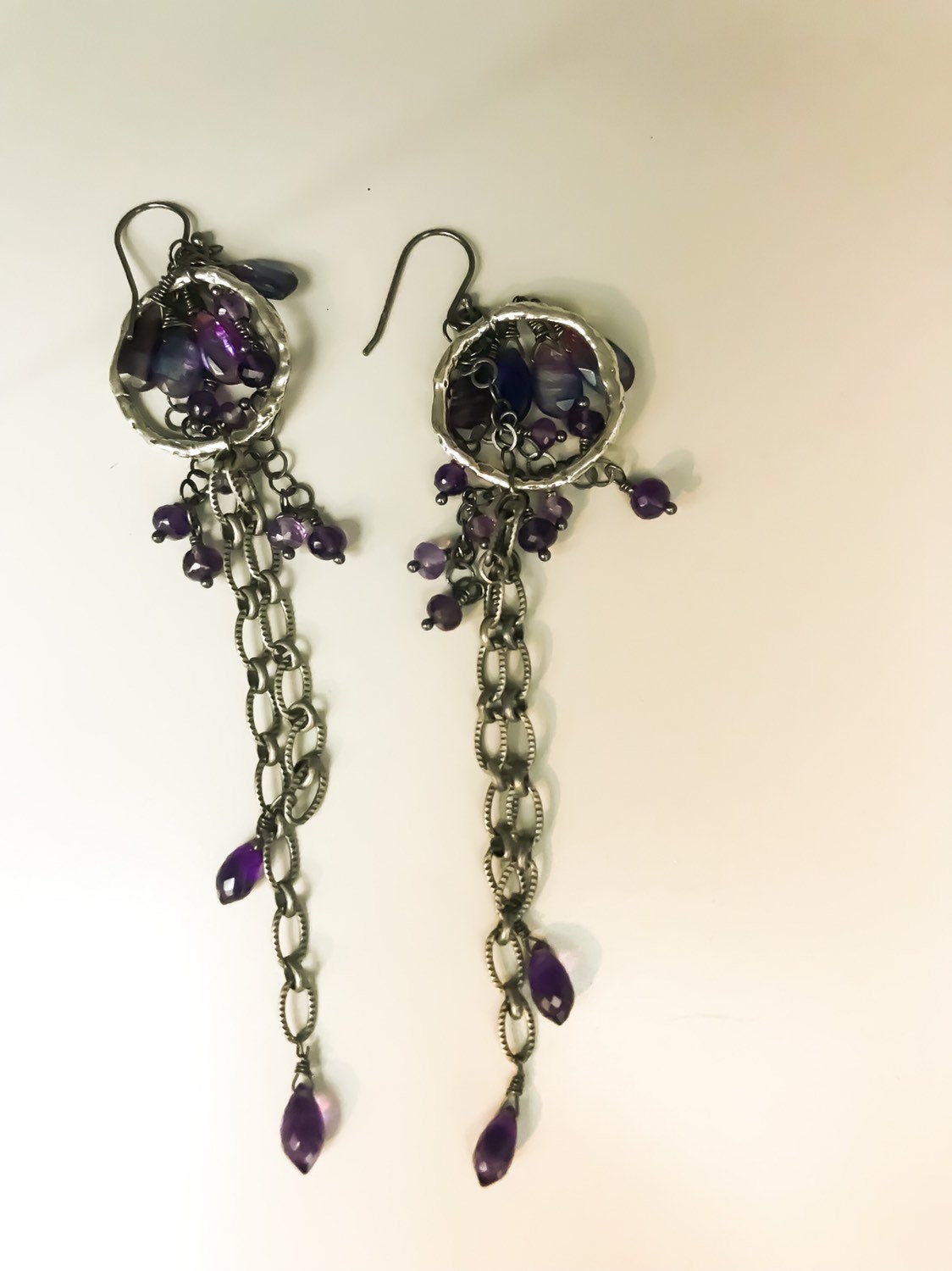 Long Amethyst & Kyanite Chain Earrings