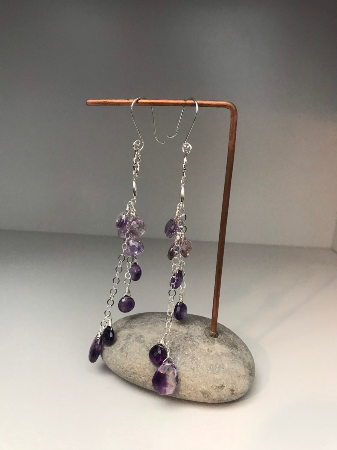 Long Moss Amethyst Chain Earrings