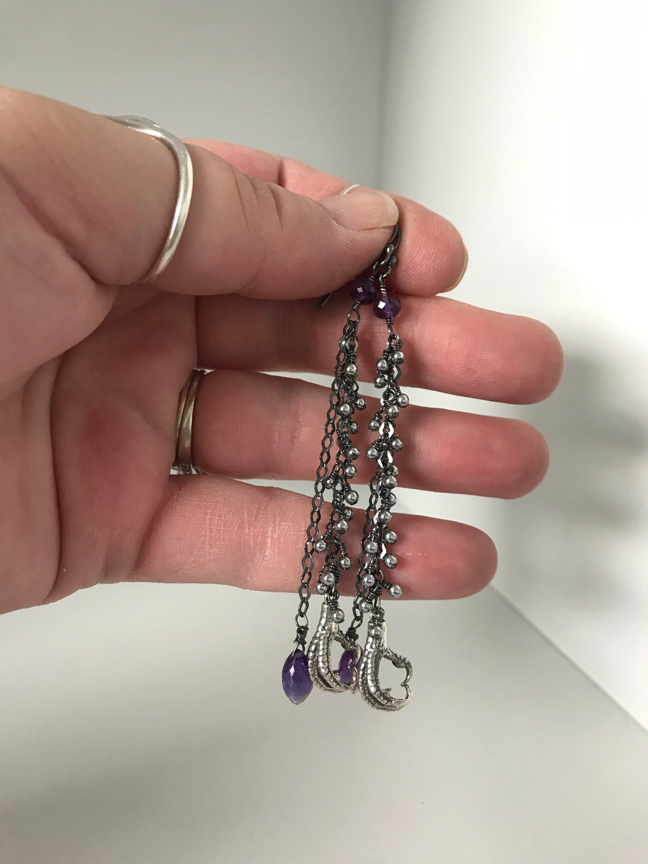 Amethyst & Bird Claw Long Chain Earrings