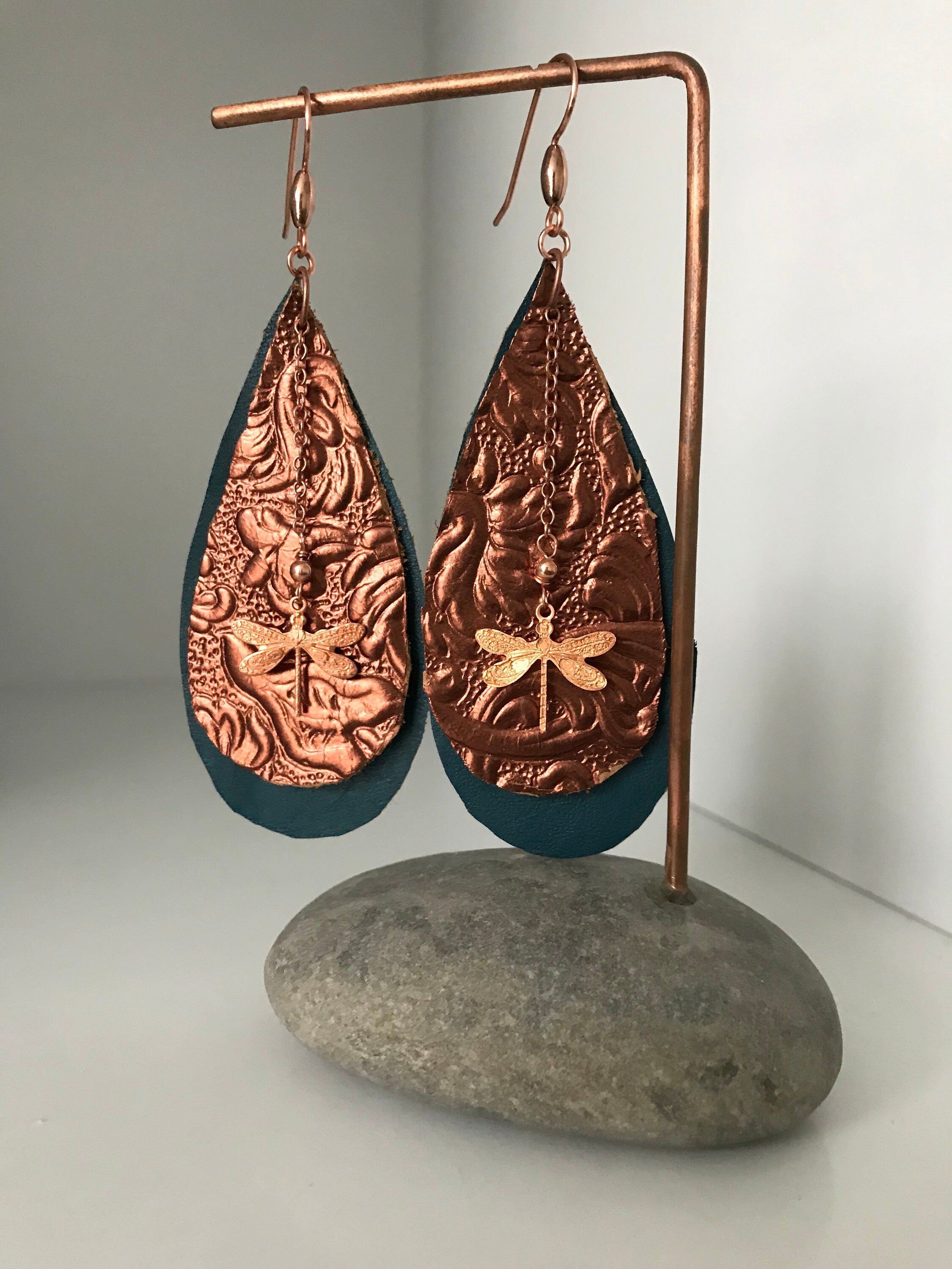 Copper Dragonfly and Leather Statement Earrings