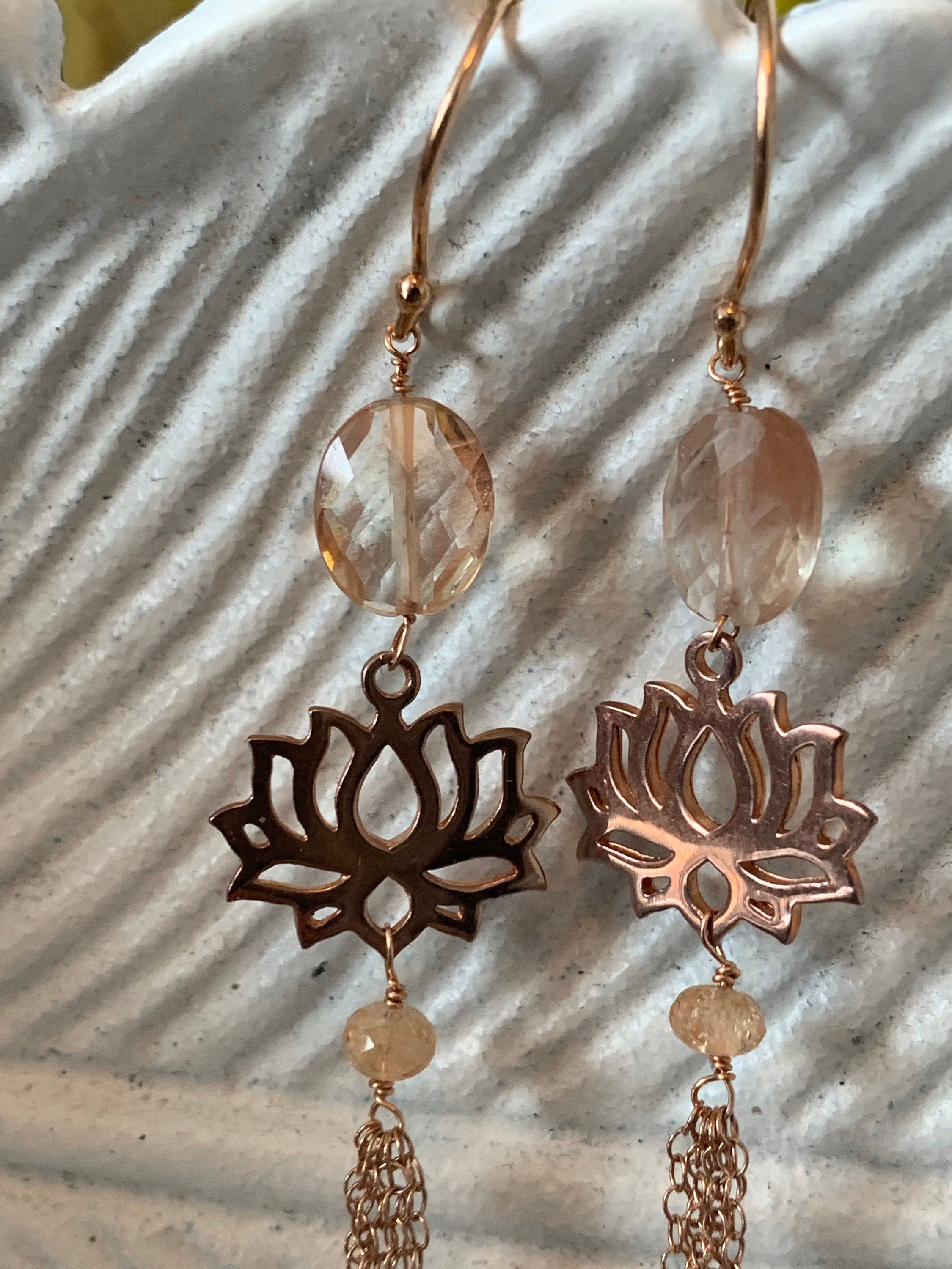 Beautiful Oregon Sunstone and Rose Gold Tassel Earrings