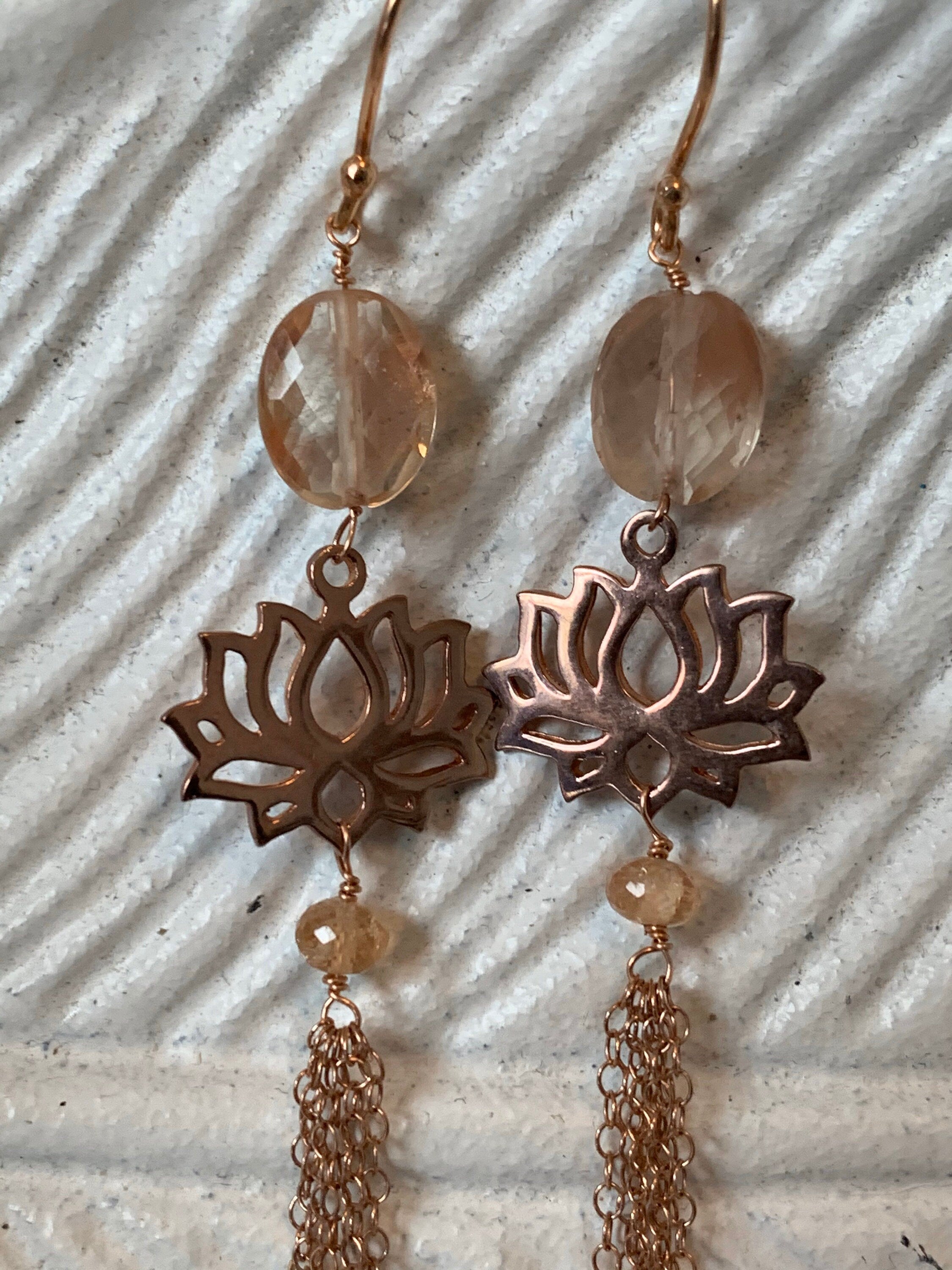 Beautiful Oregon Sunstone and Rose Gold Tassel Earrings