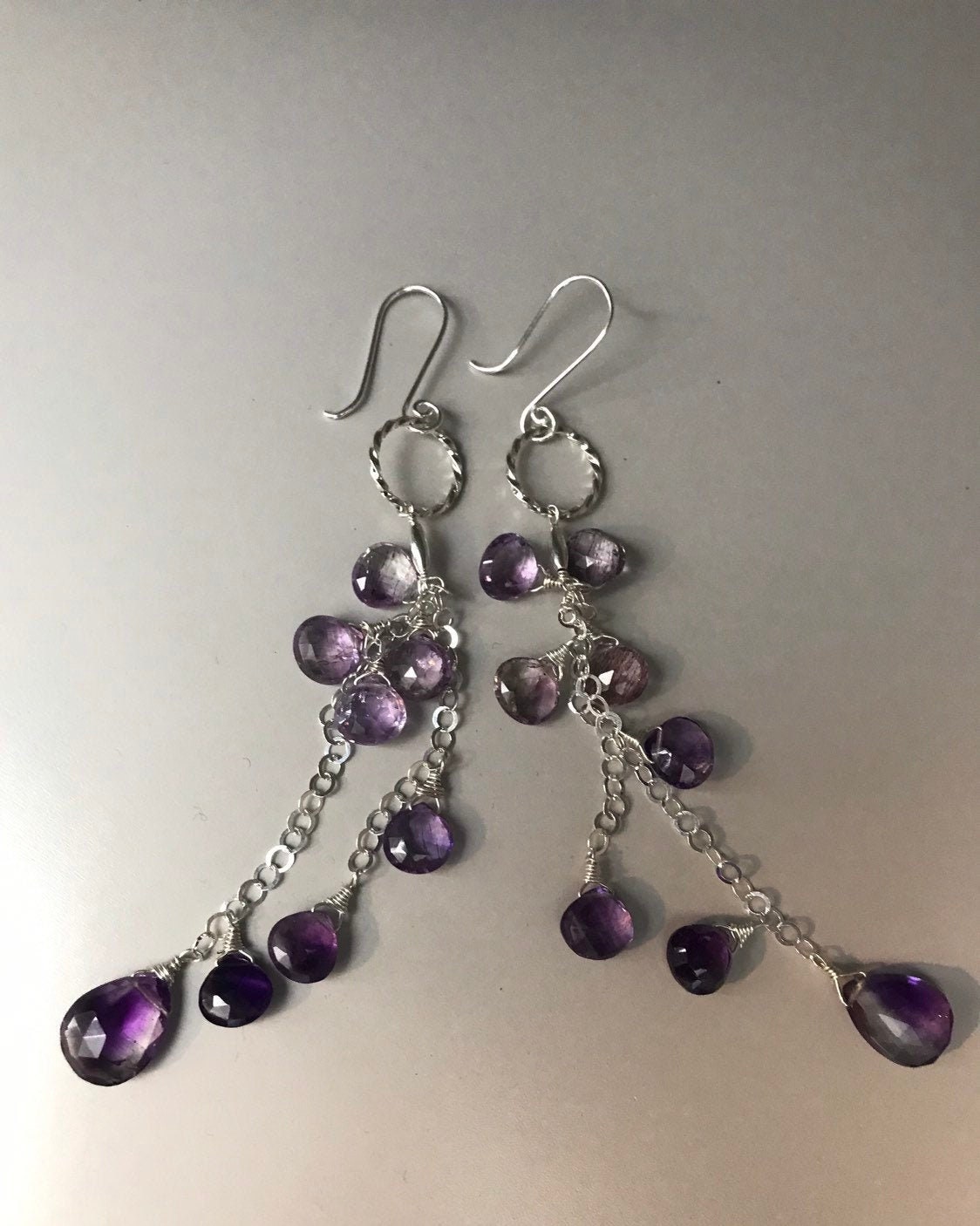 Long Moss Amethyst Chain Earrings