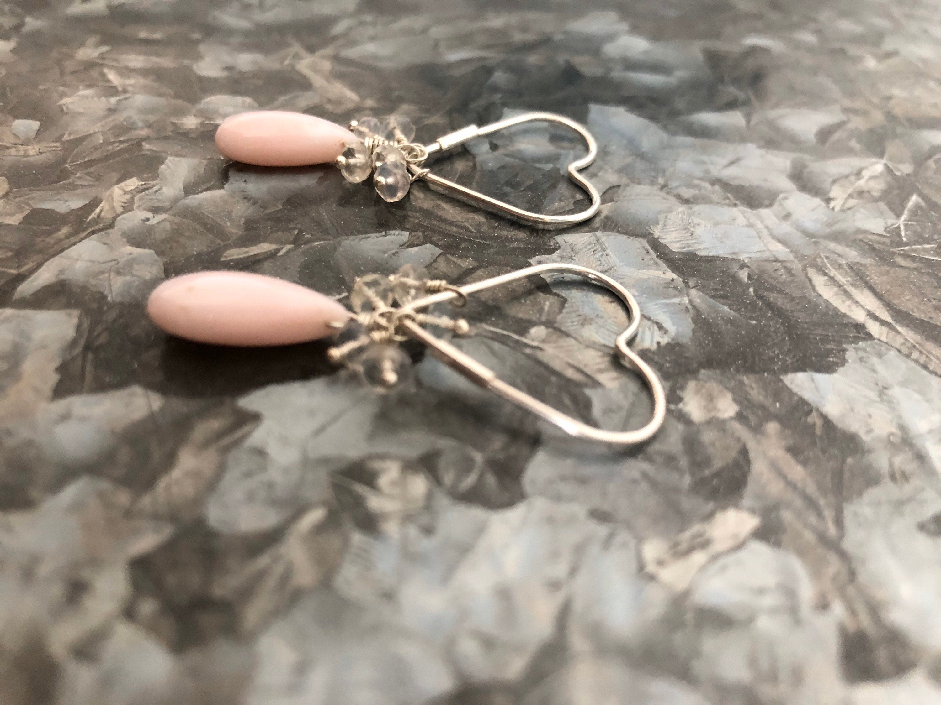Petal Pink Opal and Ceylon Rainbow Moonstone Silver Heart Earrings