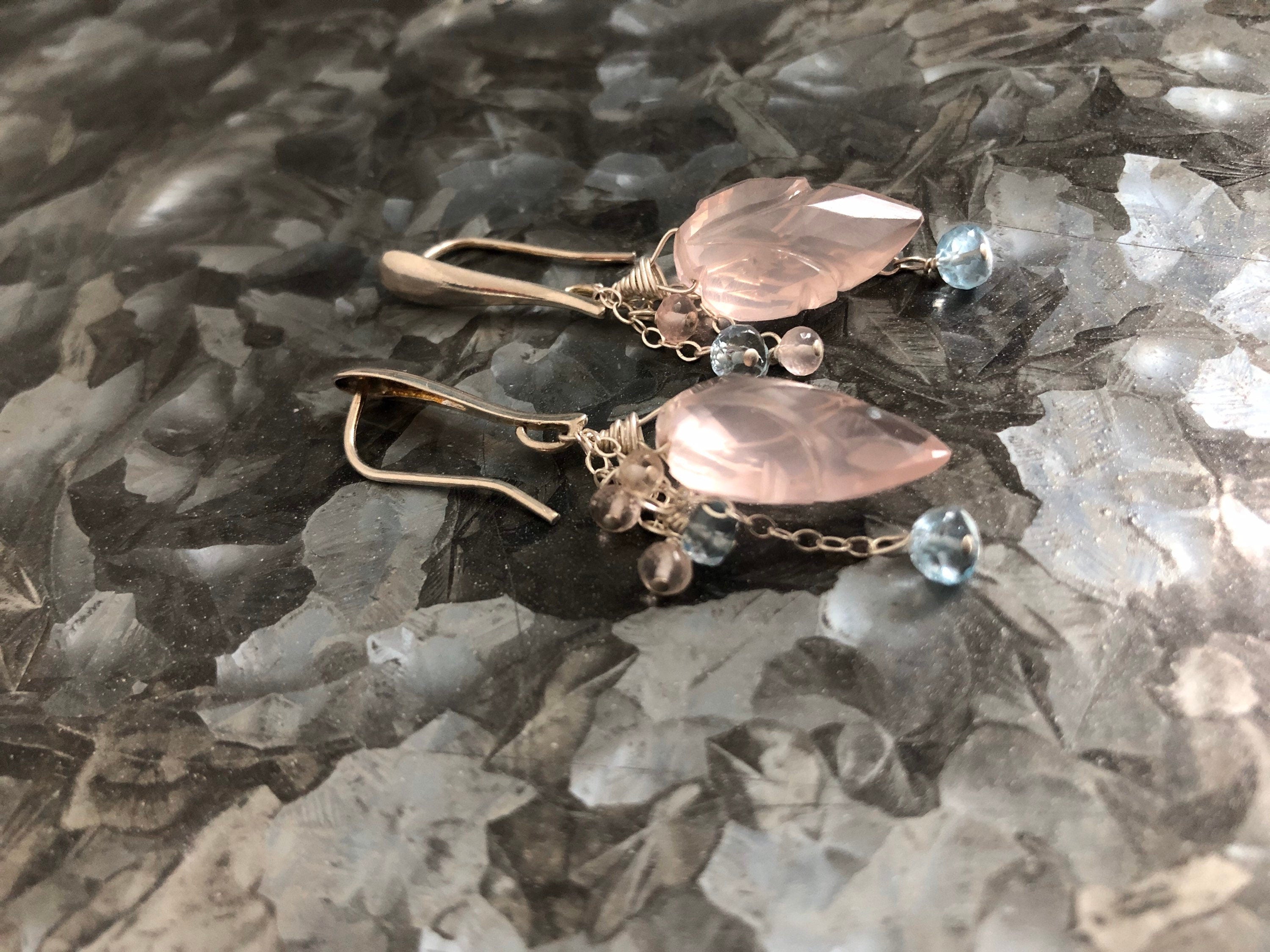 Petal Pink Carved Rose Quartz and Santa Maria Aquamarine Silver Earrings