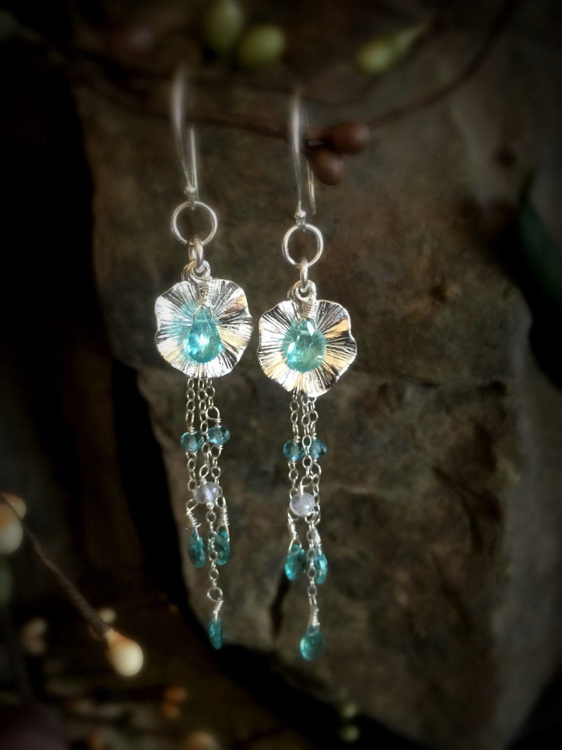 Sea Green Apatite and Rainbow Moonstone Sterling Silver Lily Pad Earrings