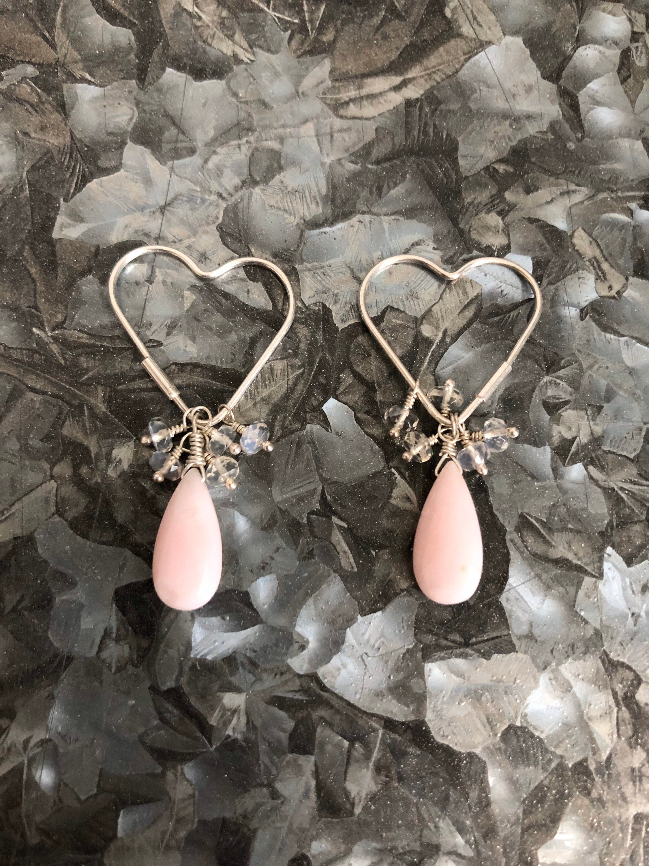 Petal Pink Opal and Ceylon Rainbow Moonstone Silver Heart Earrings