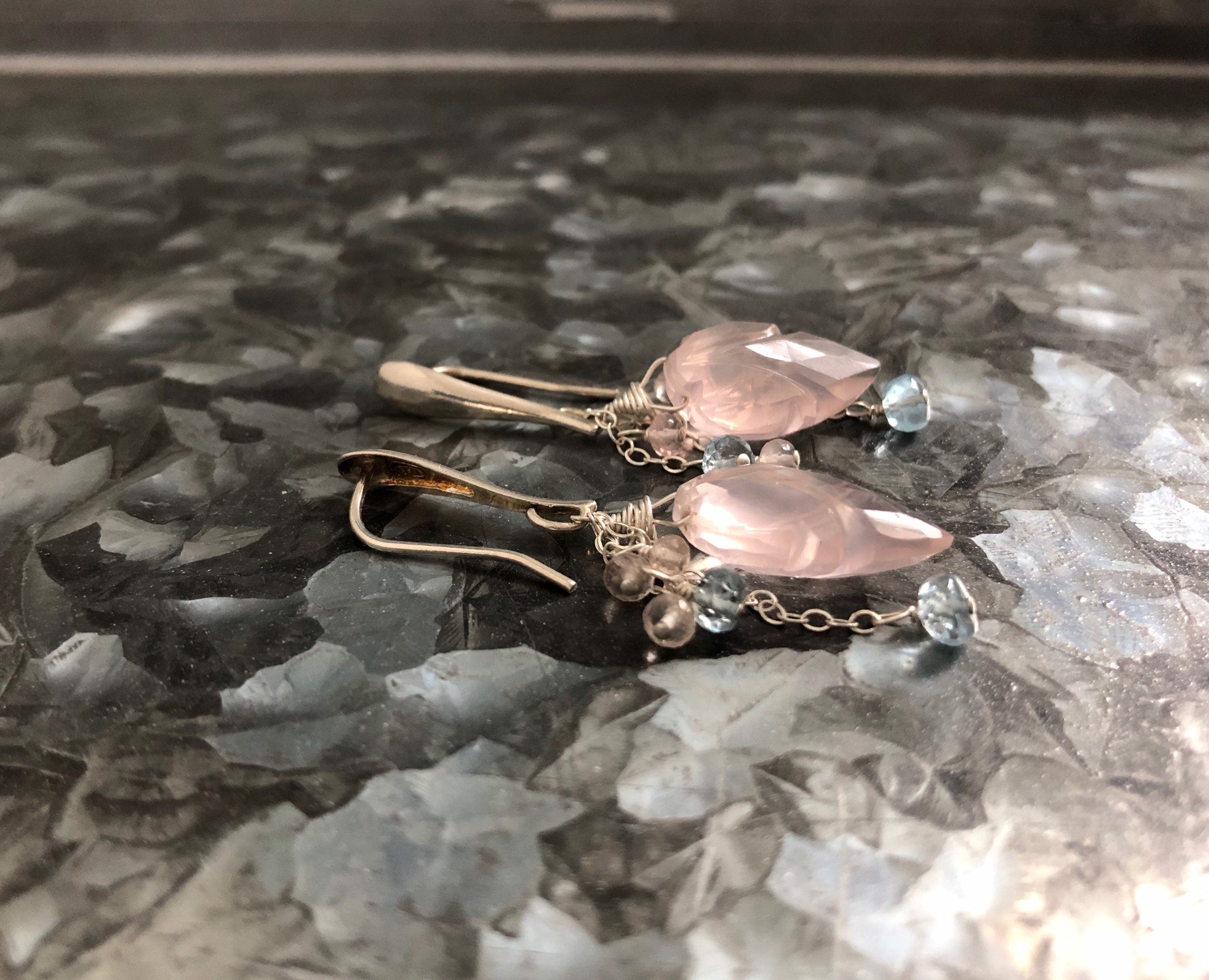 Petal Pink Carved Rose Quartz and Santa Maria Aquamarine Silver Earrings