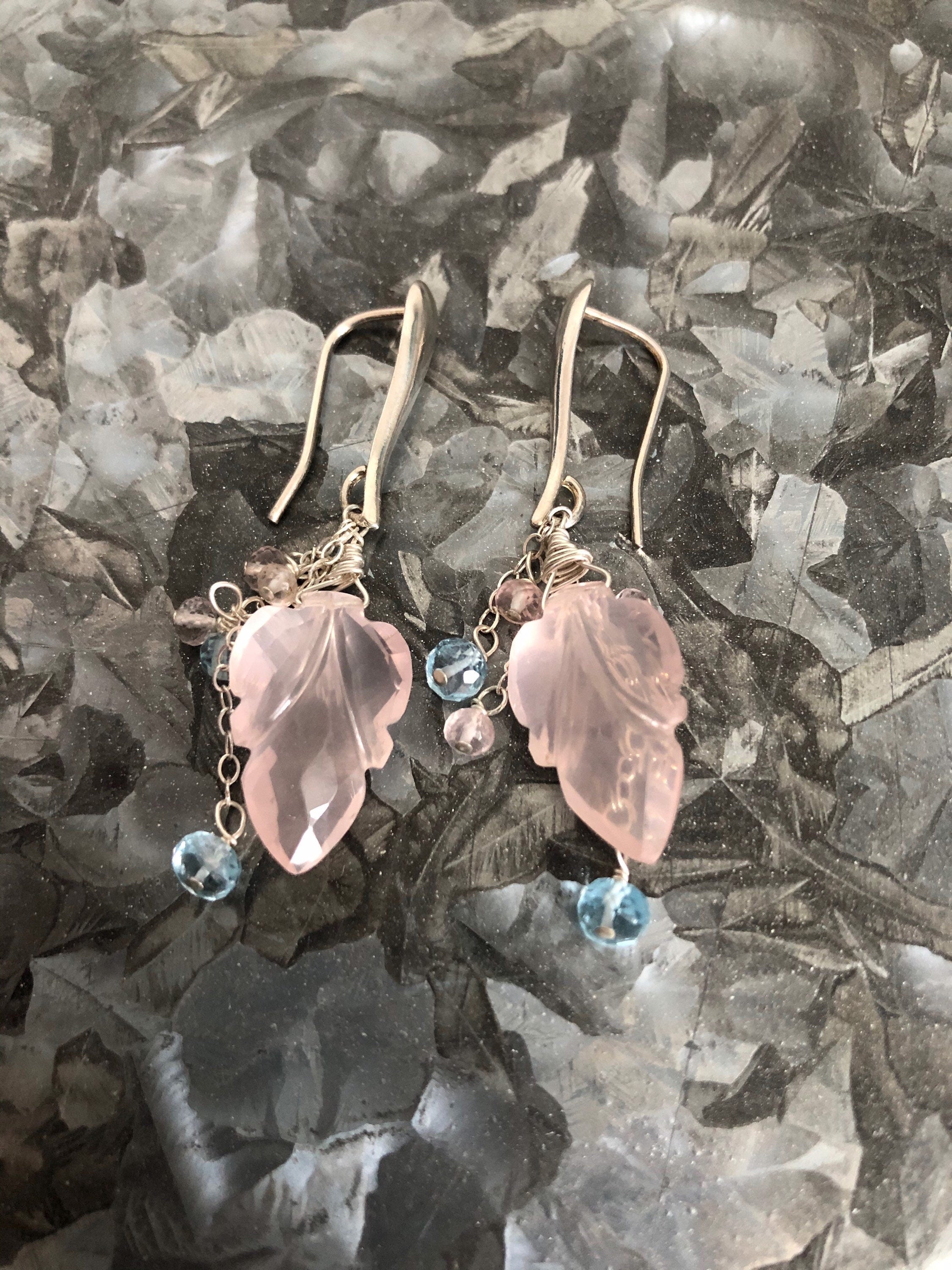 Petal Pink Carved Rose Quartz and Santa Maria Aquamarine Silver Earrings