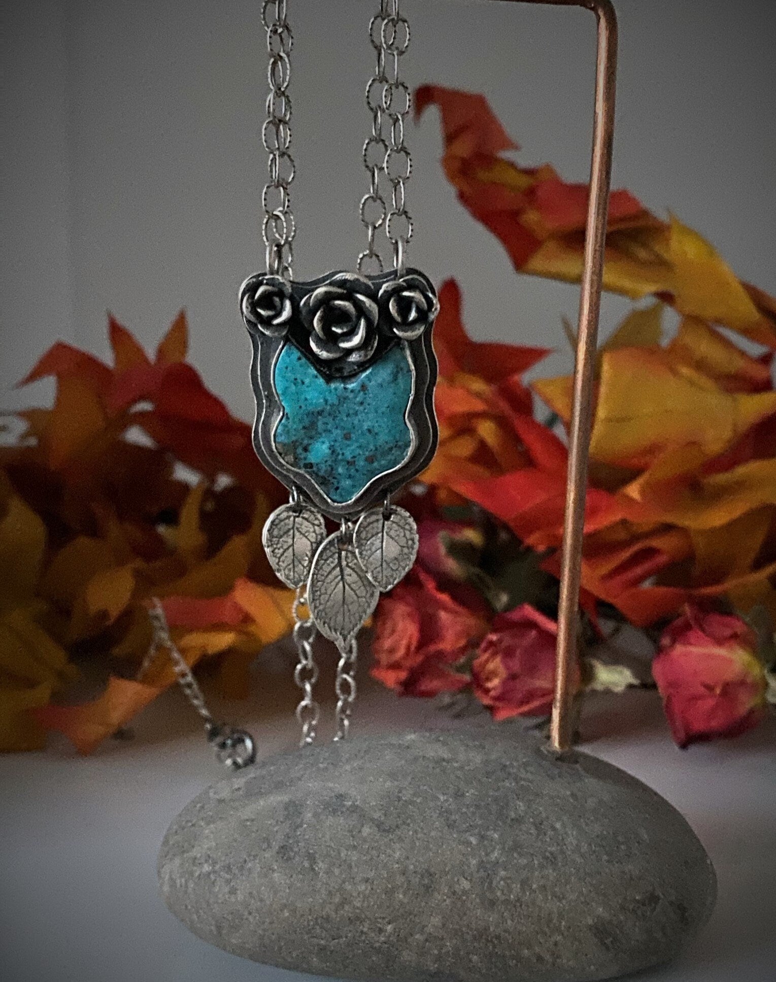 Turquoise Fox and Roses Pendant