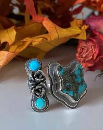 Open Concept Turquoise Fox and Rose Adjustable Ring