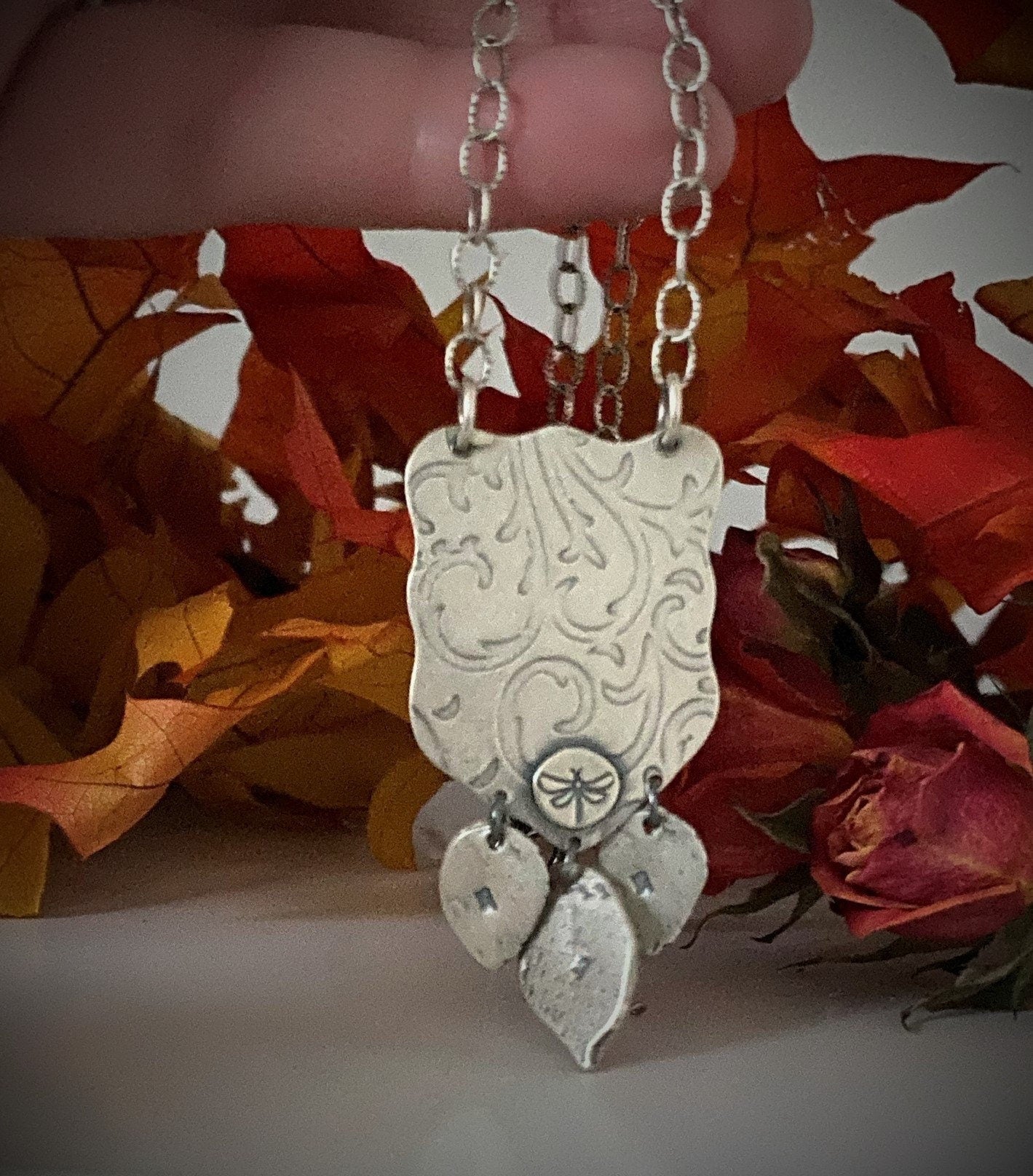 Turquoise Fox and Roses Pendant