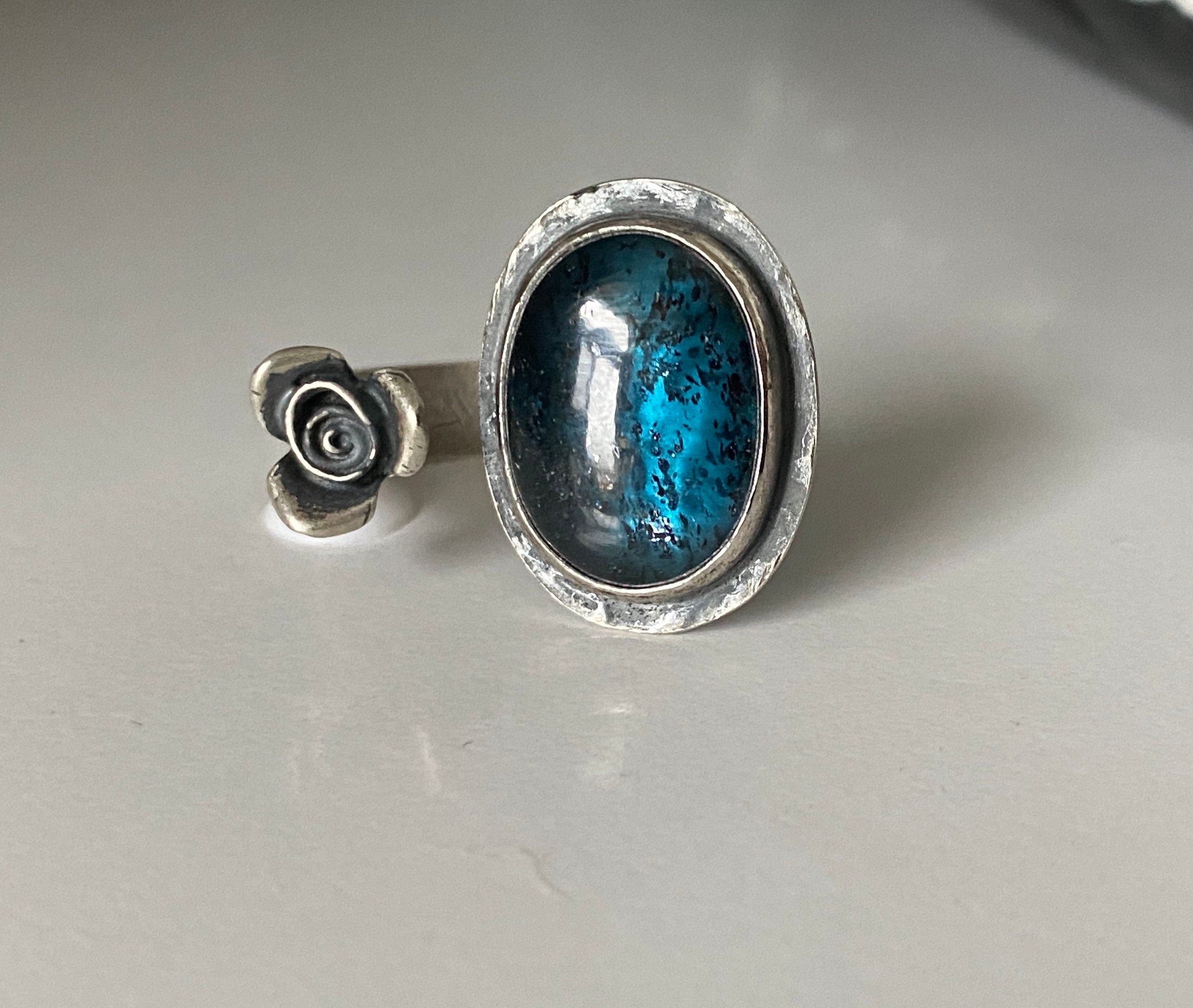 Open Concept Adjustable Teal Kyanite and Rose Ring
