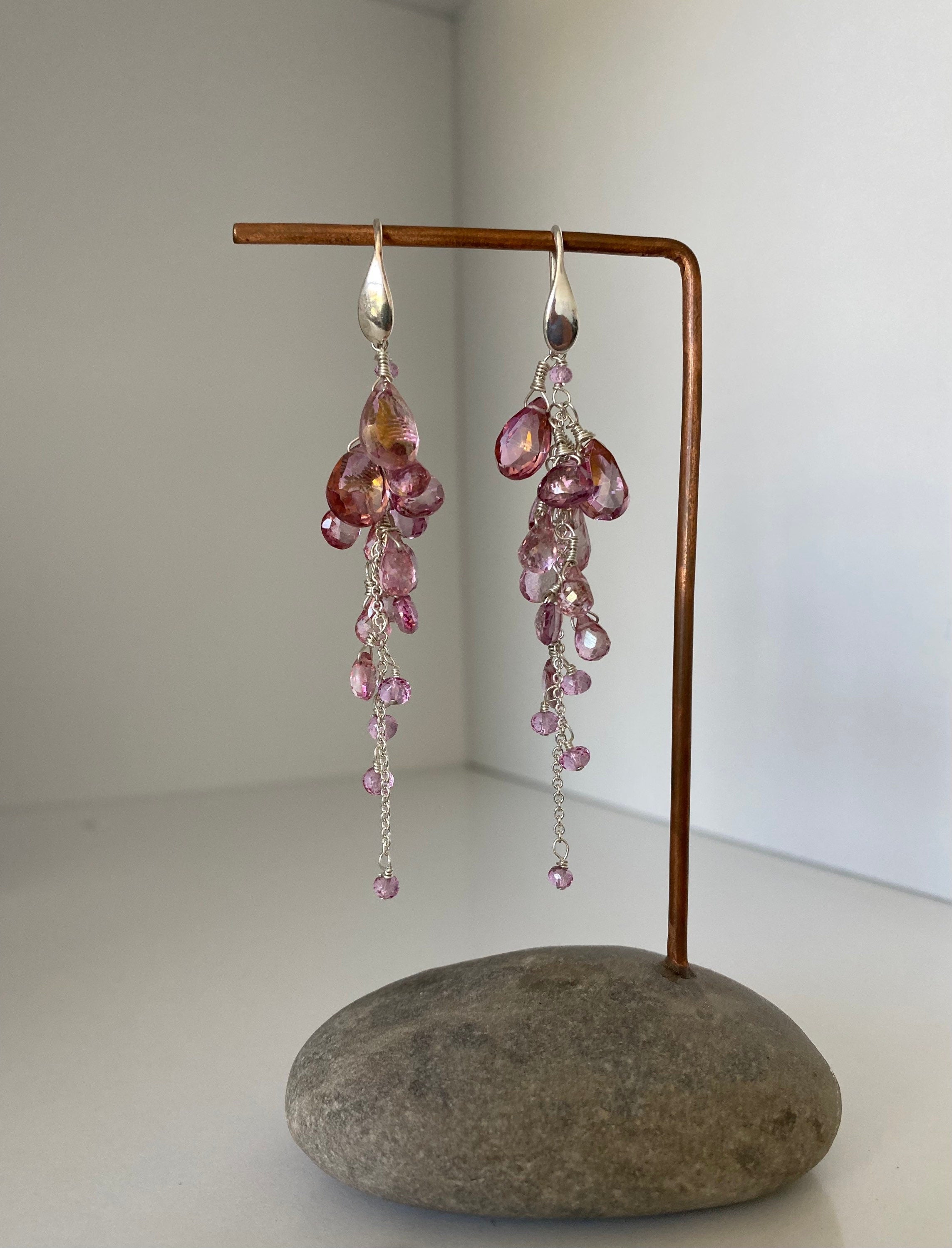 Bright Pink Topaz Reverse Cluster Long Dangle Silver Earrings