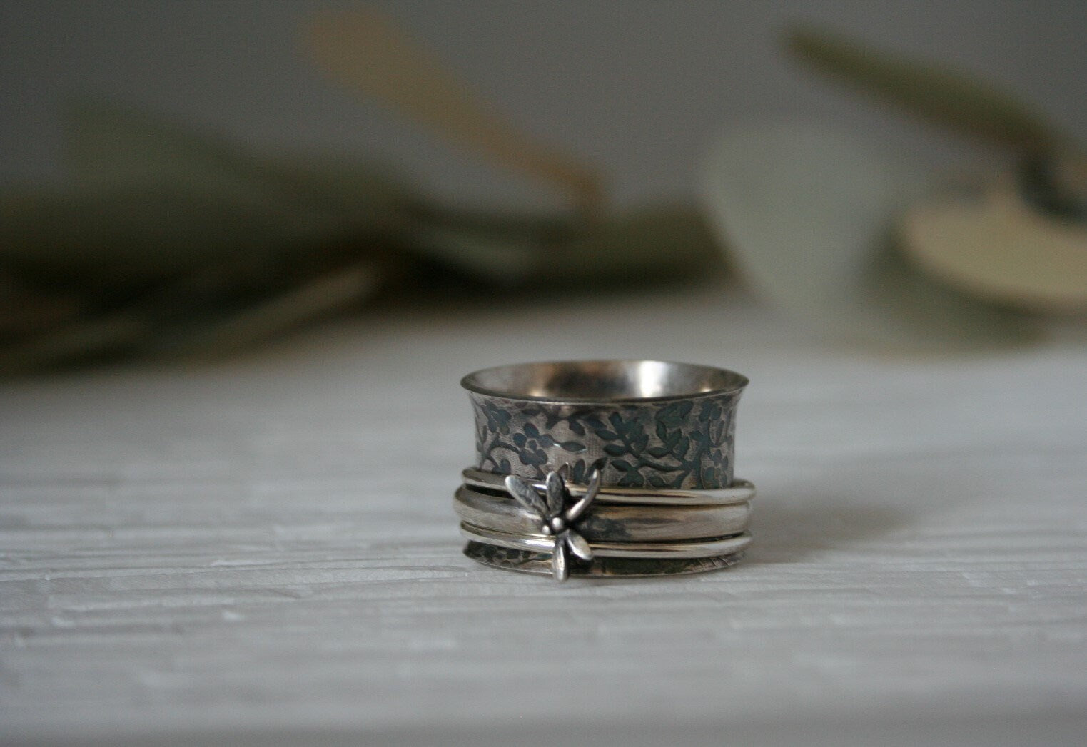 Silver Dragonfly Spinner Ring