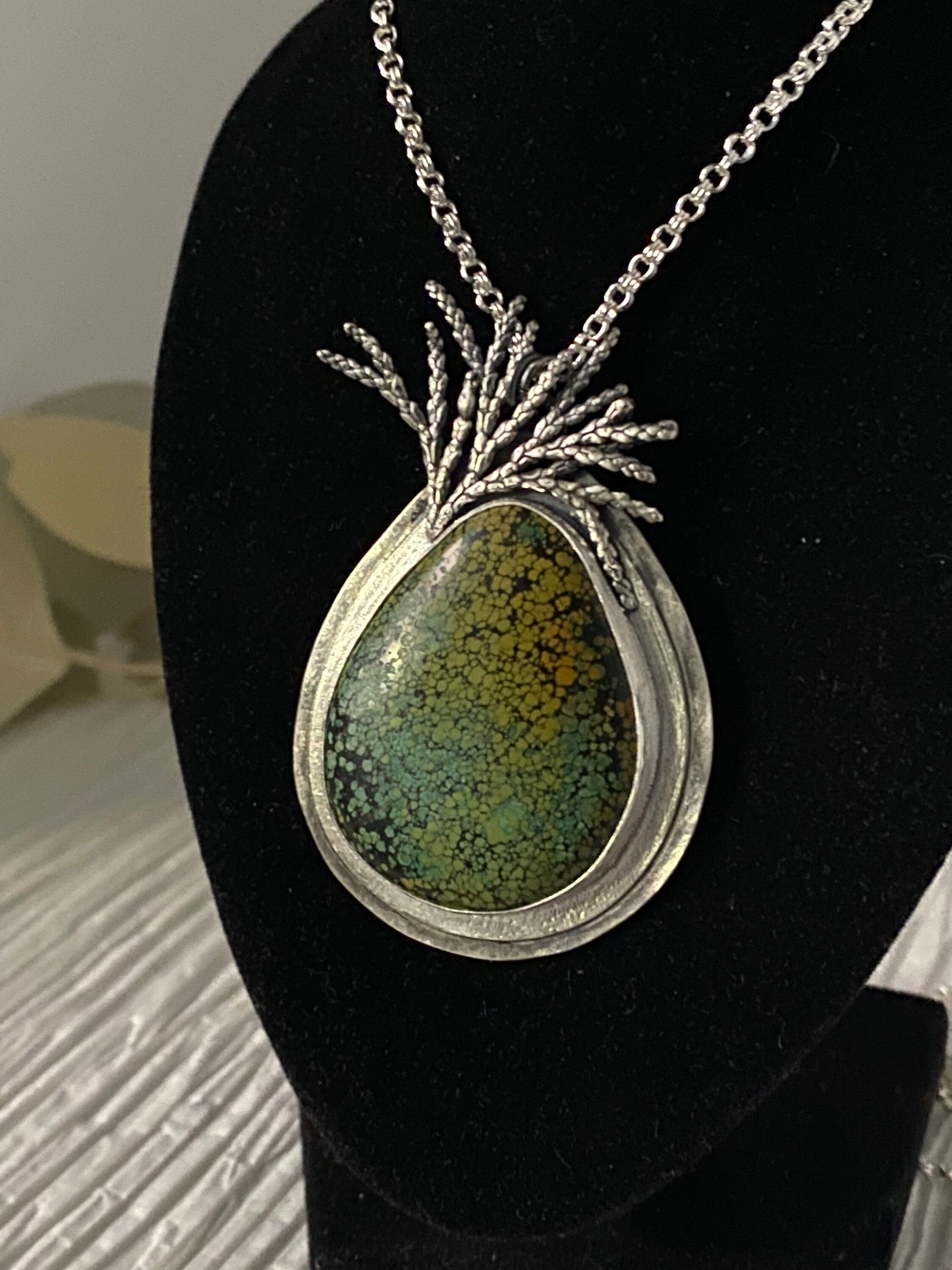 Hubei Turquoise and Cast Silver Cedar Pendant
