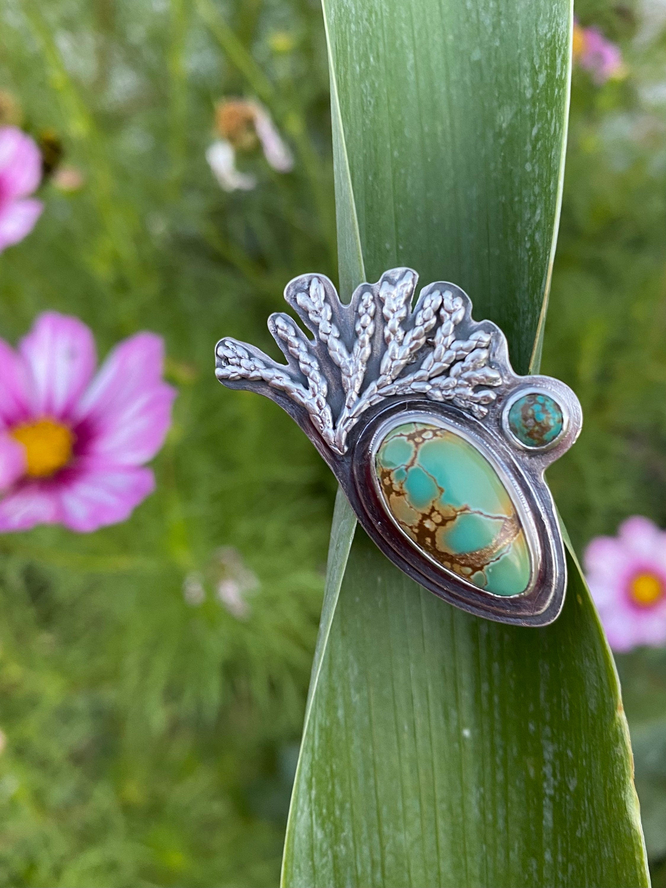 Kintsugi Iron Maiden and Carico Lake Turquoise Cast Silver Cedar Ring