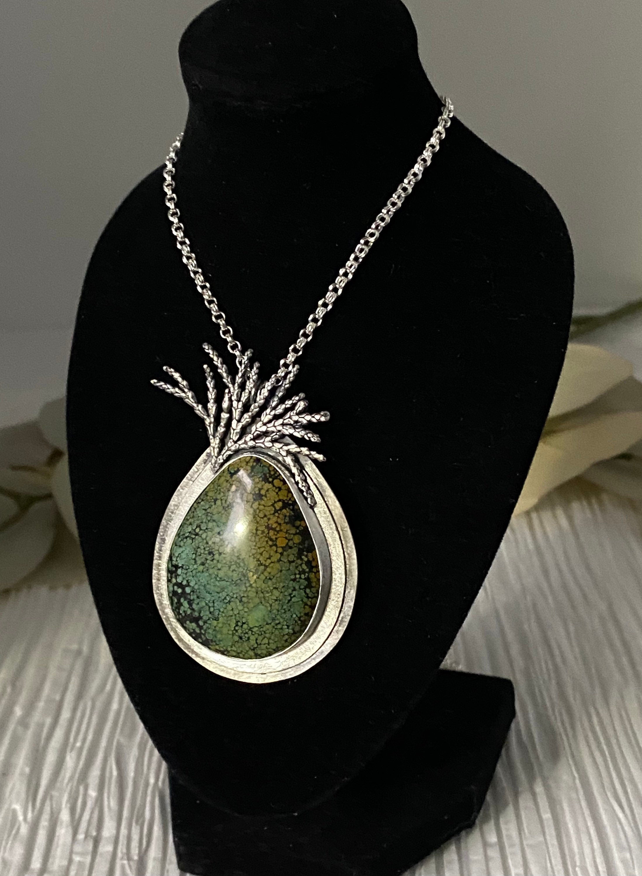 Hubei Turquoise and Cast Silver Cedar Pendant