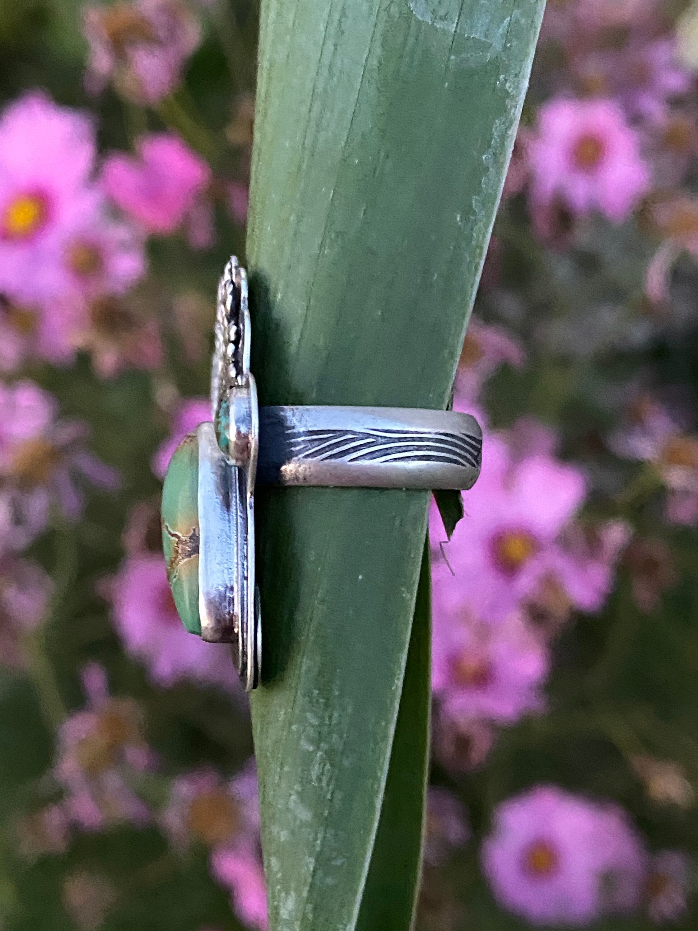 Kintsugi Iron Maiden and Carico Lake Turquoise Cast Silver Cedar Ring