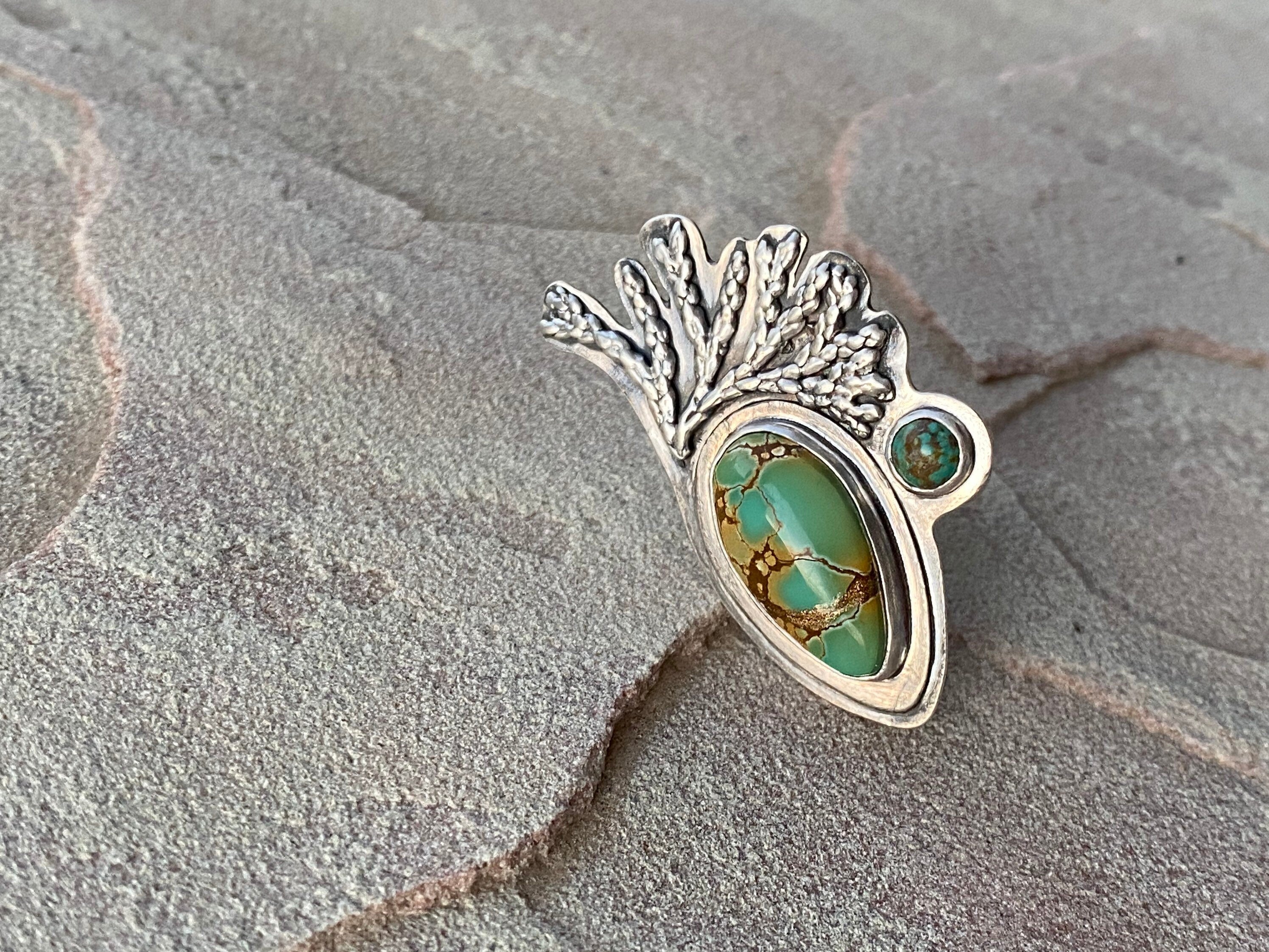 Kintsugi Iron Maiden and Carico Lake Turquoise Cast Silver Cedar Ring