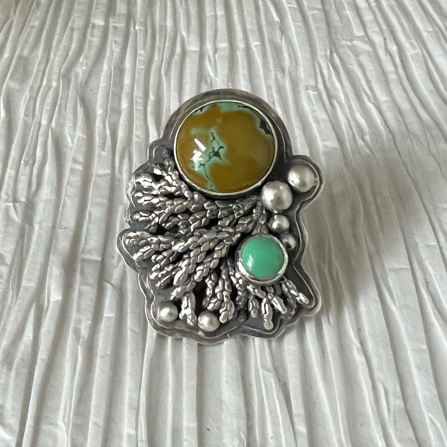Hubei Turquoise and New Lander Variscite Cedar Silver Ring