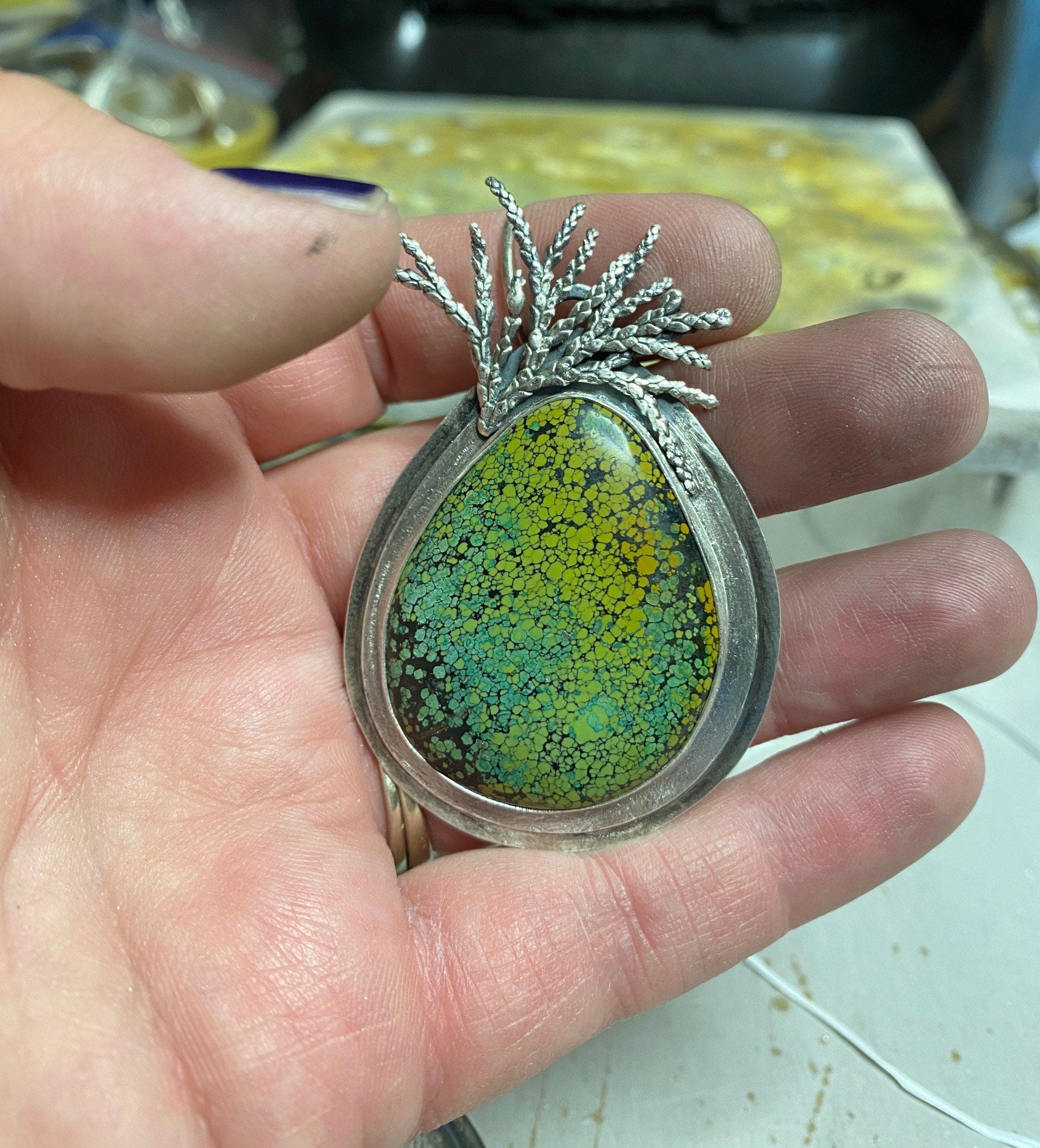 Hubei Turquoise and Cast Silver Cedar Pendant