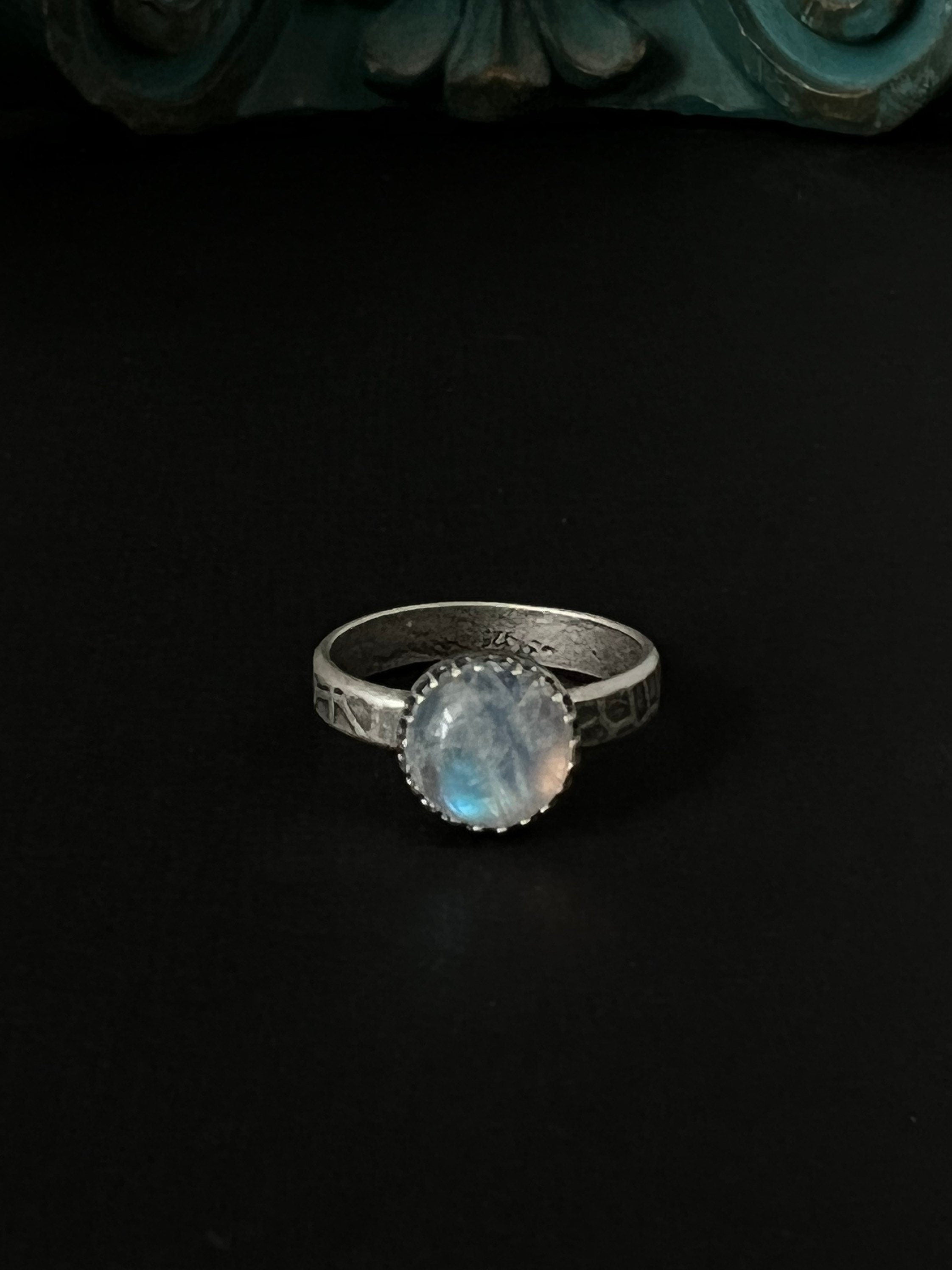 Round Rainbow Moonstone Solitaire Stacking Ring - Size 7.75 ~ Sea Ice Collection