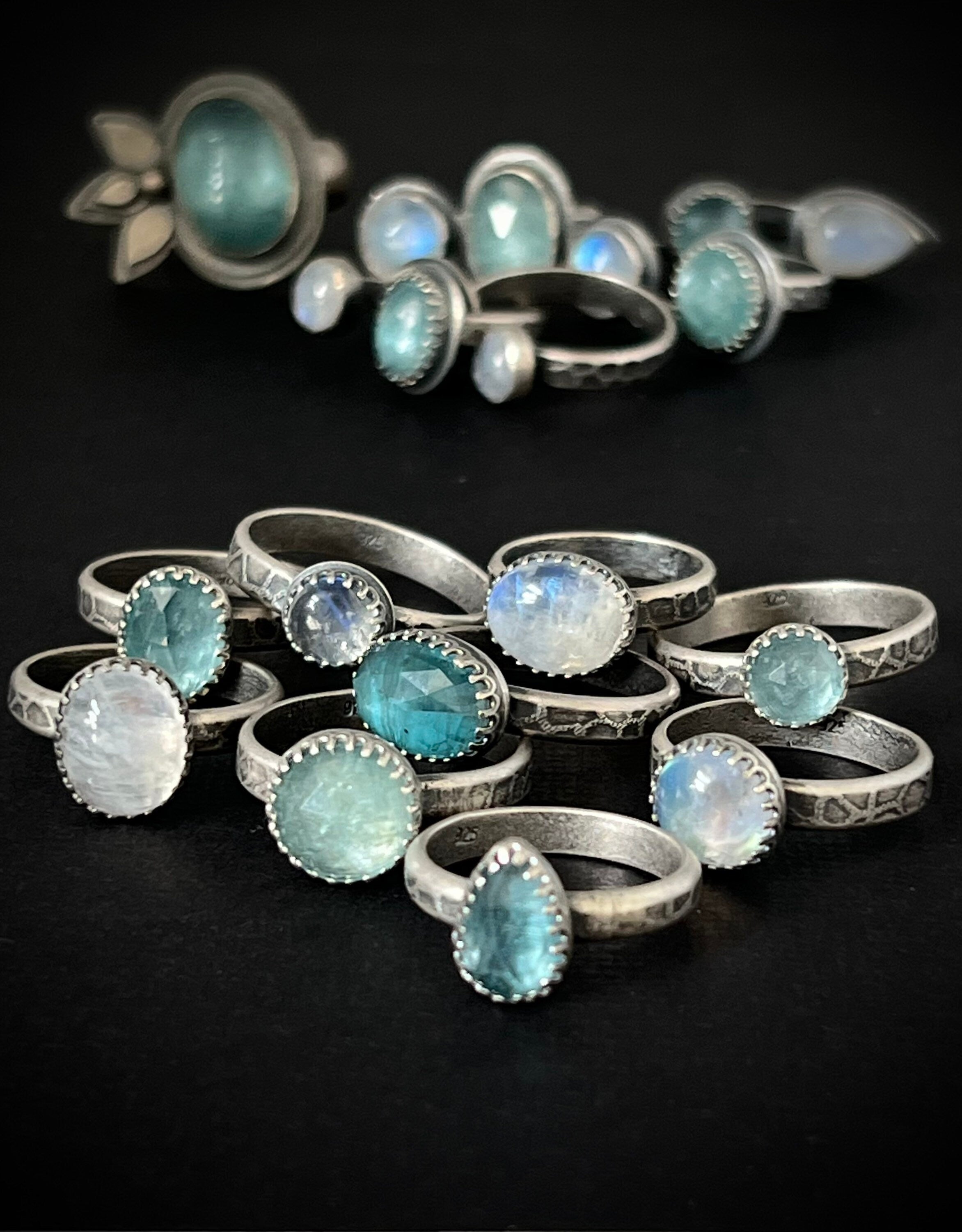 Round Rainbow Moonstone Solitaire Stacking Ring - Size 7.75 ~ Sea Ice Collection