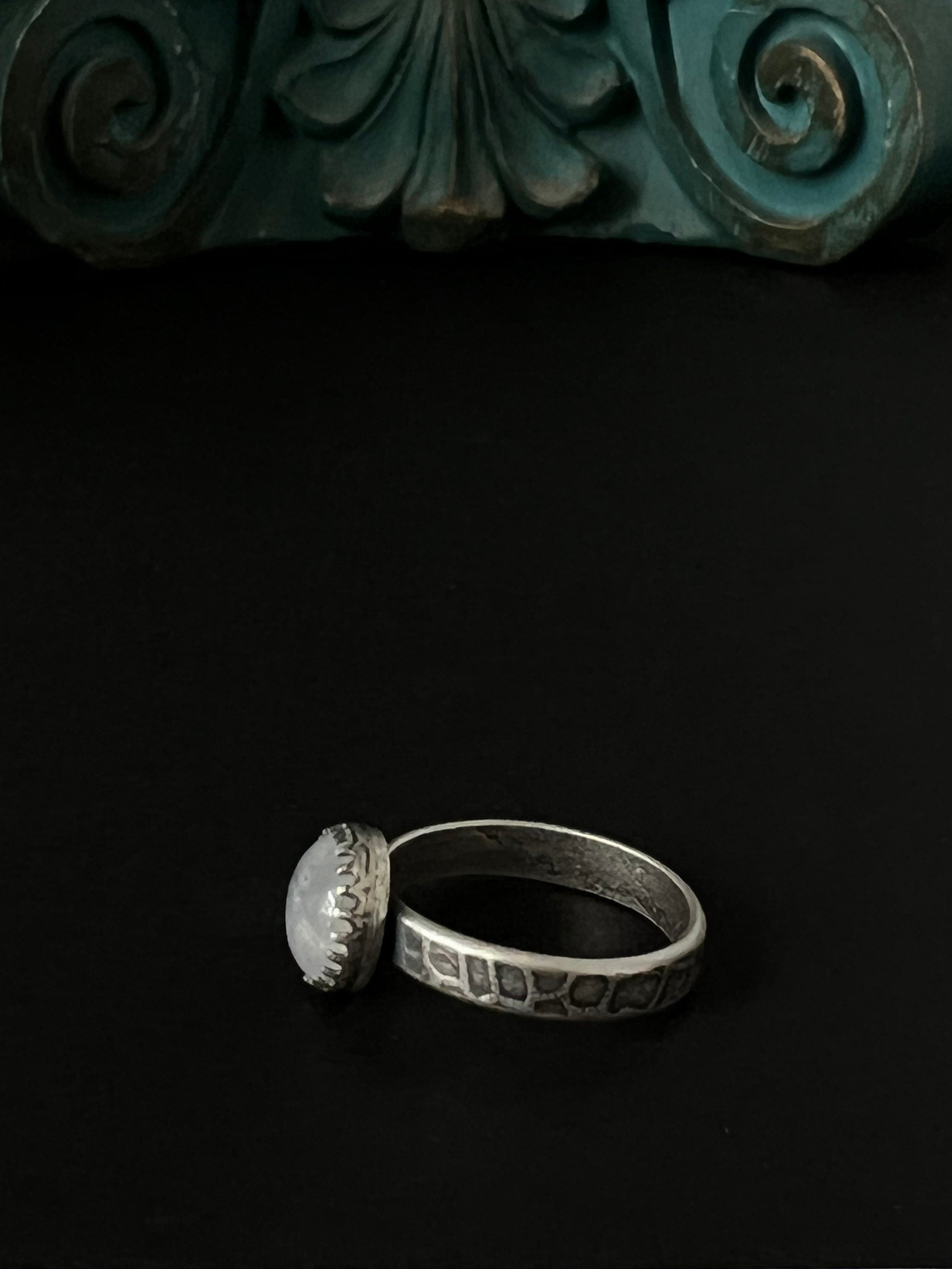 Round Rainbow Moonstone Solitaire Stacking Ring - Size 7.75 ~ Sea Ice Collection