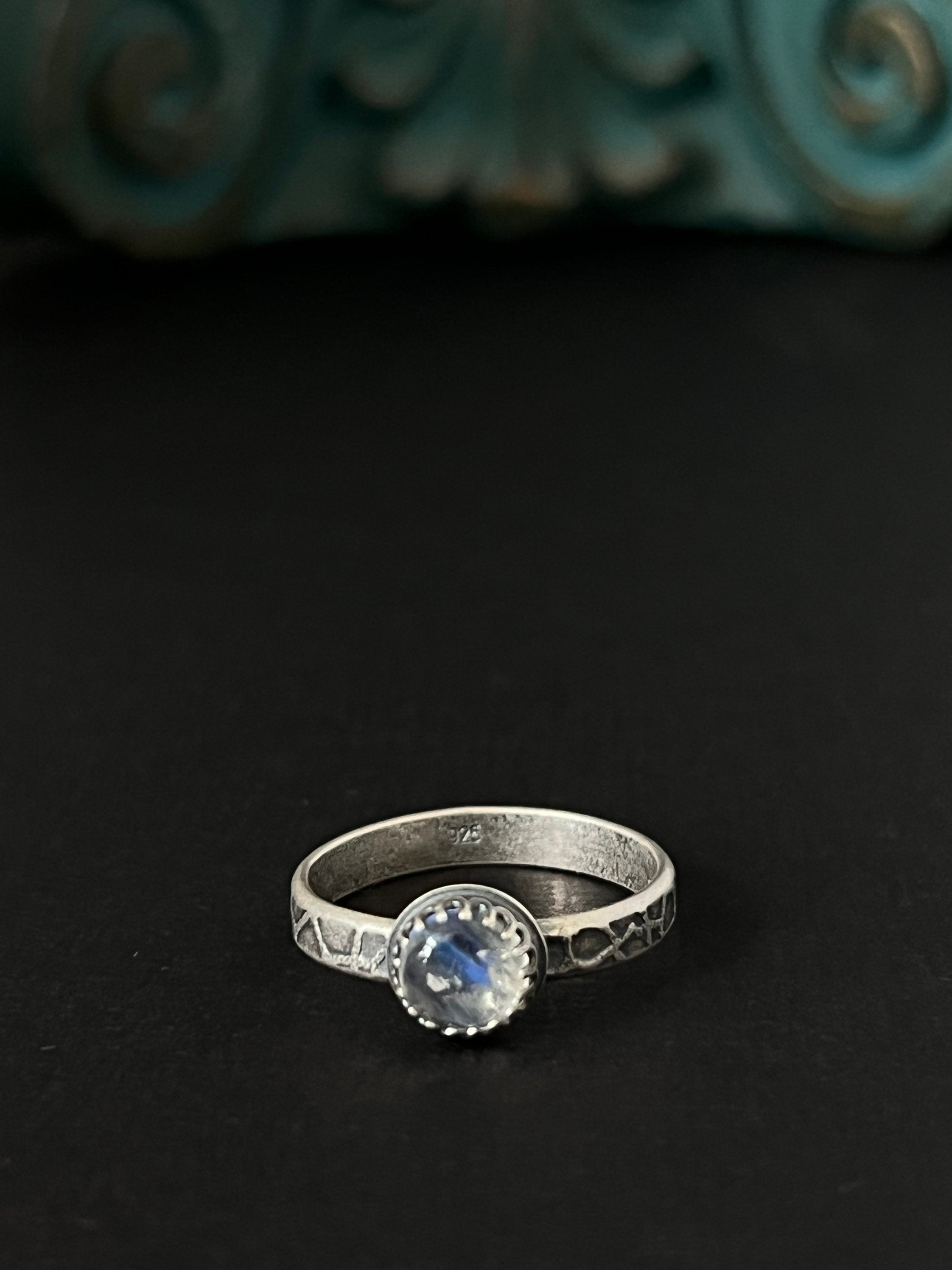 Round Rainbow Moonstone Solitaire Stacking Ring - Size 10.5 ~ Sea Ice Collection