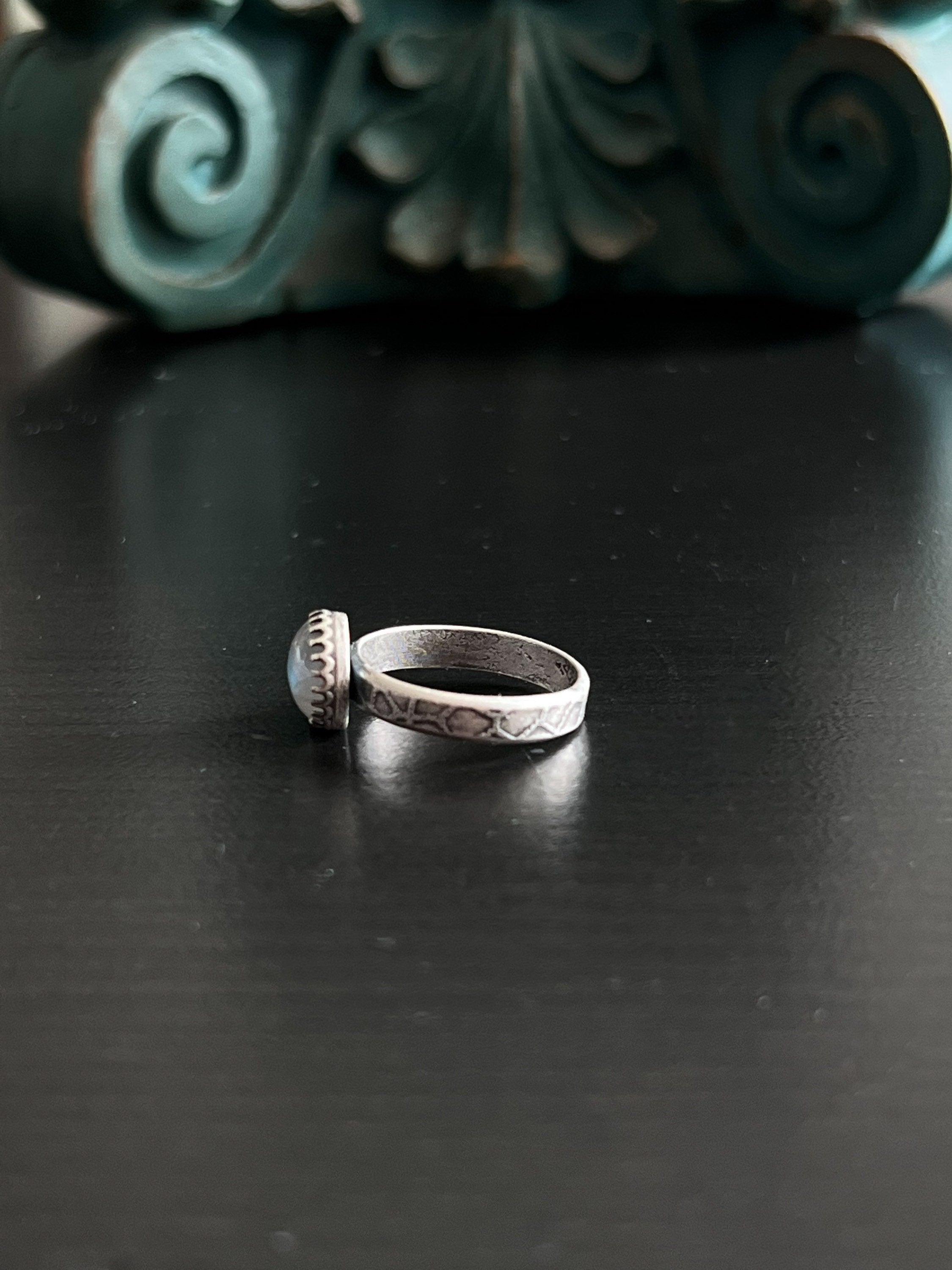 Round Rainbow Moonstone Solitaire Stacking Ring - Size 7.75 ~ Sea Ice Collection