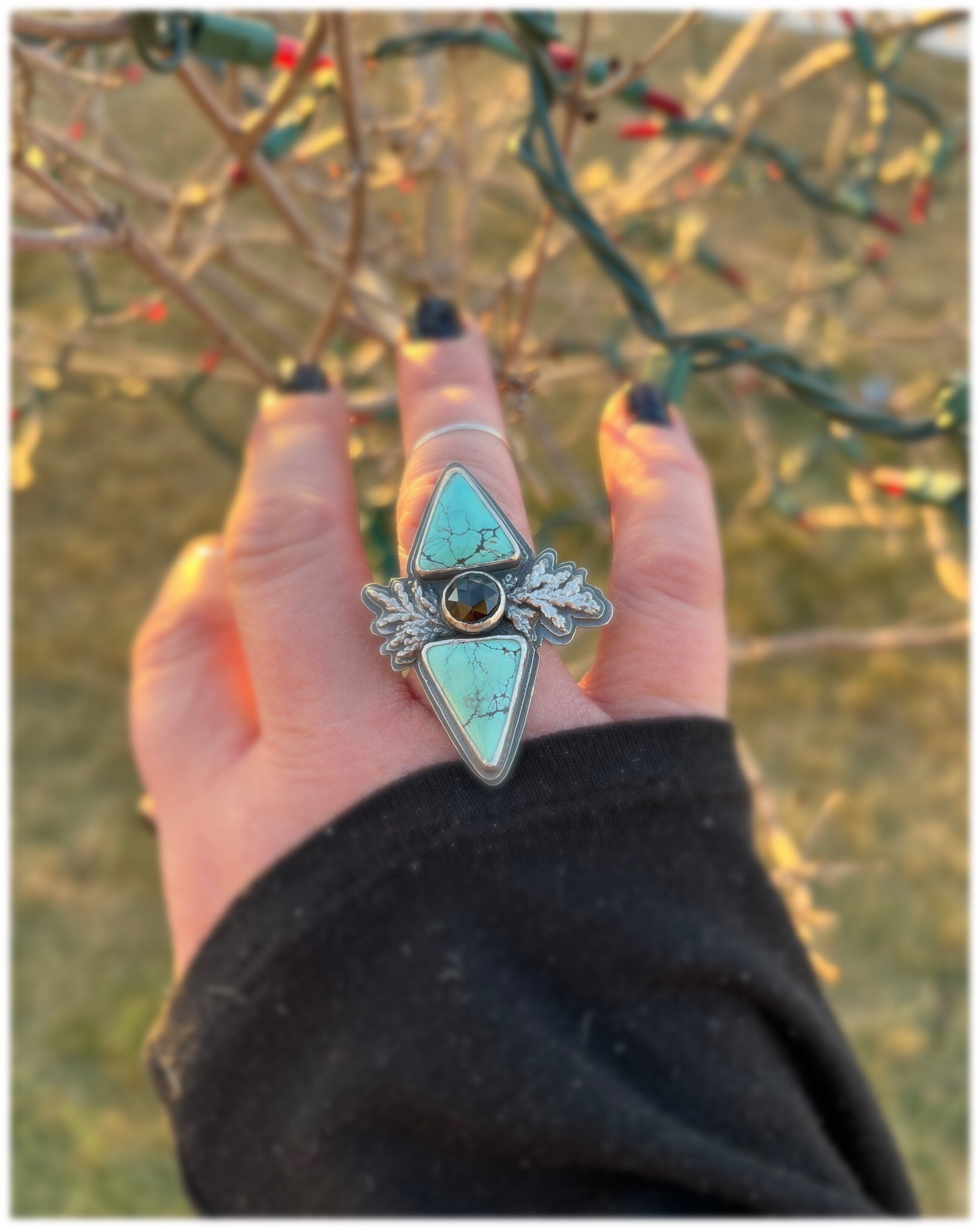 Wild Horse Turquoise and Black Spinel Silver Cedar Ring