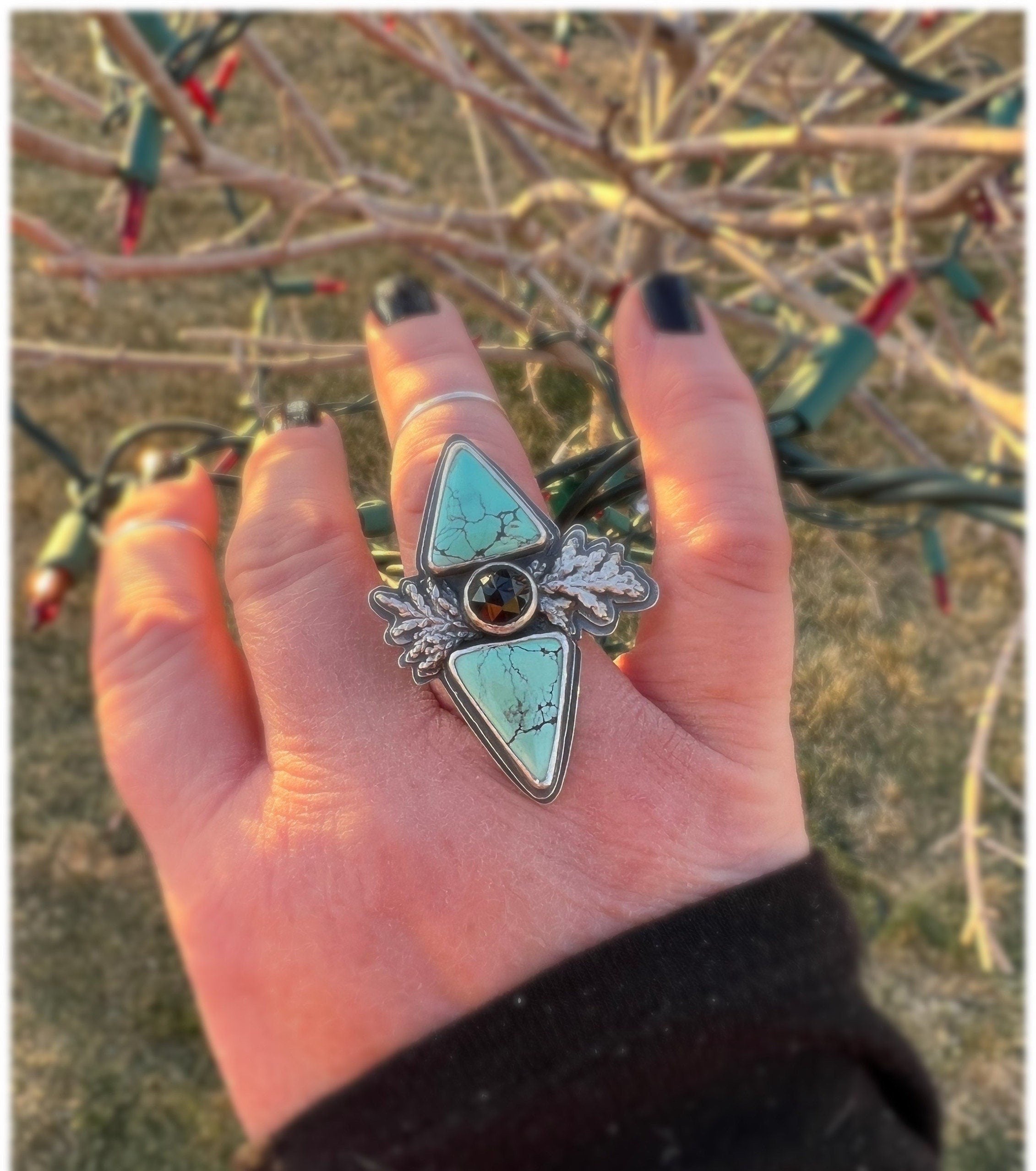 Wild Horse Turquoise and Black Spinel Silver Cedar Ring