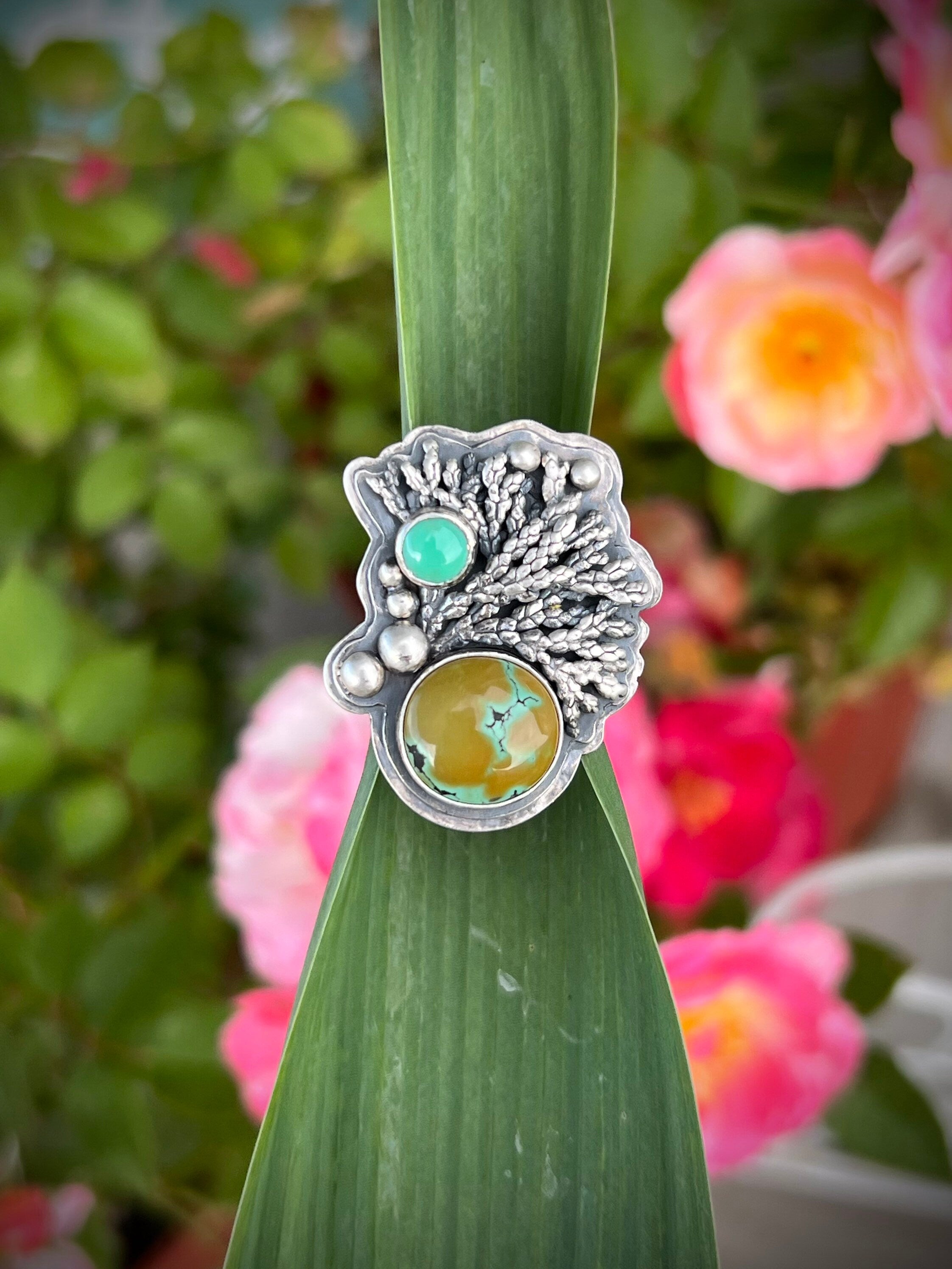 Hubei Turquoise and New Lander Variscite Cedar Silver Ring