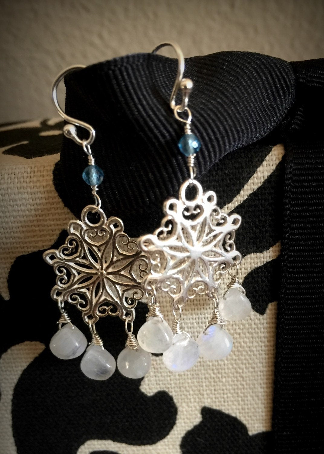 Rainbow Moonstone and Swiss Blue Topaz Snowflake Earrings