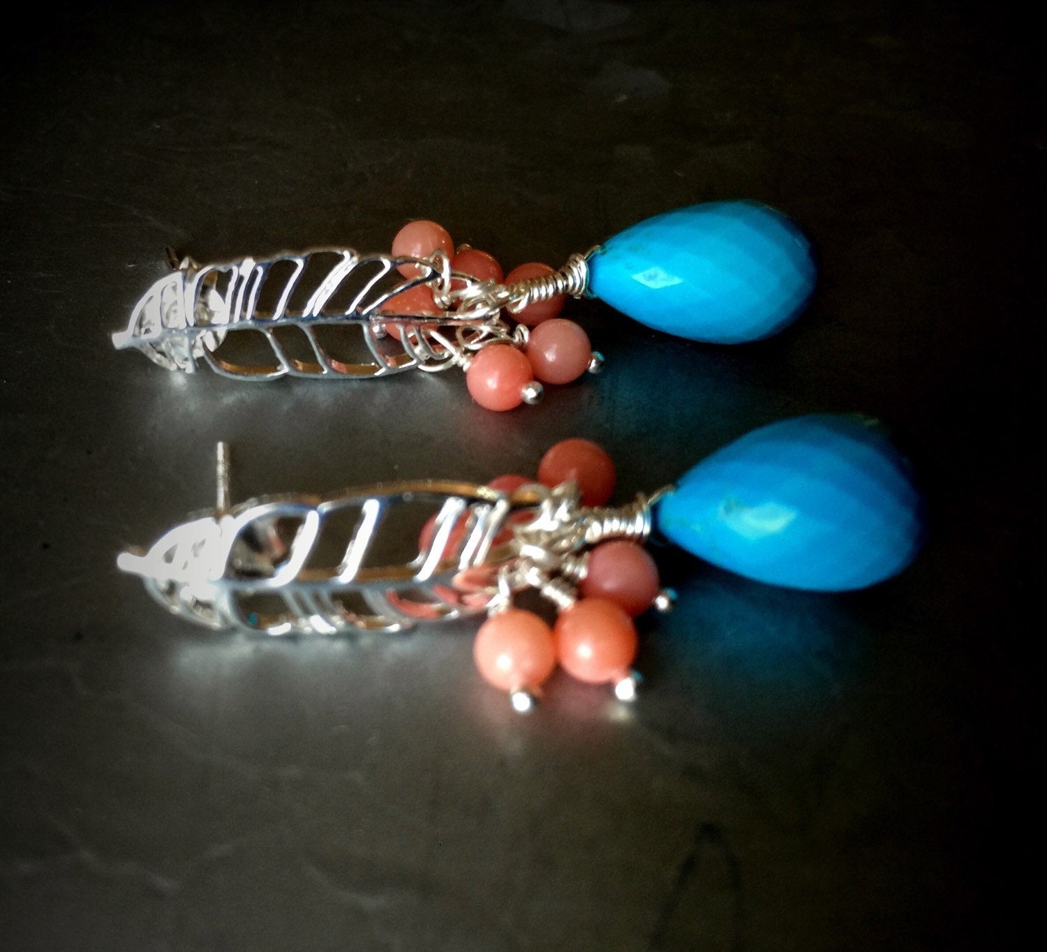 Tibetan Turquoise and Coral Cluster Earrings