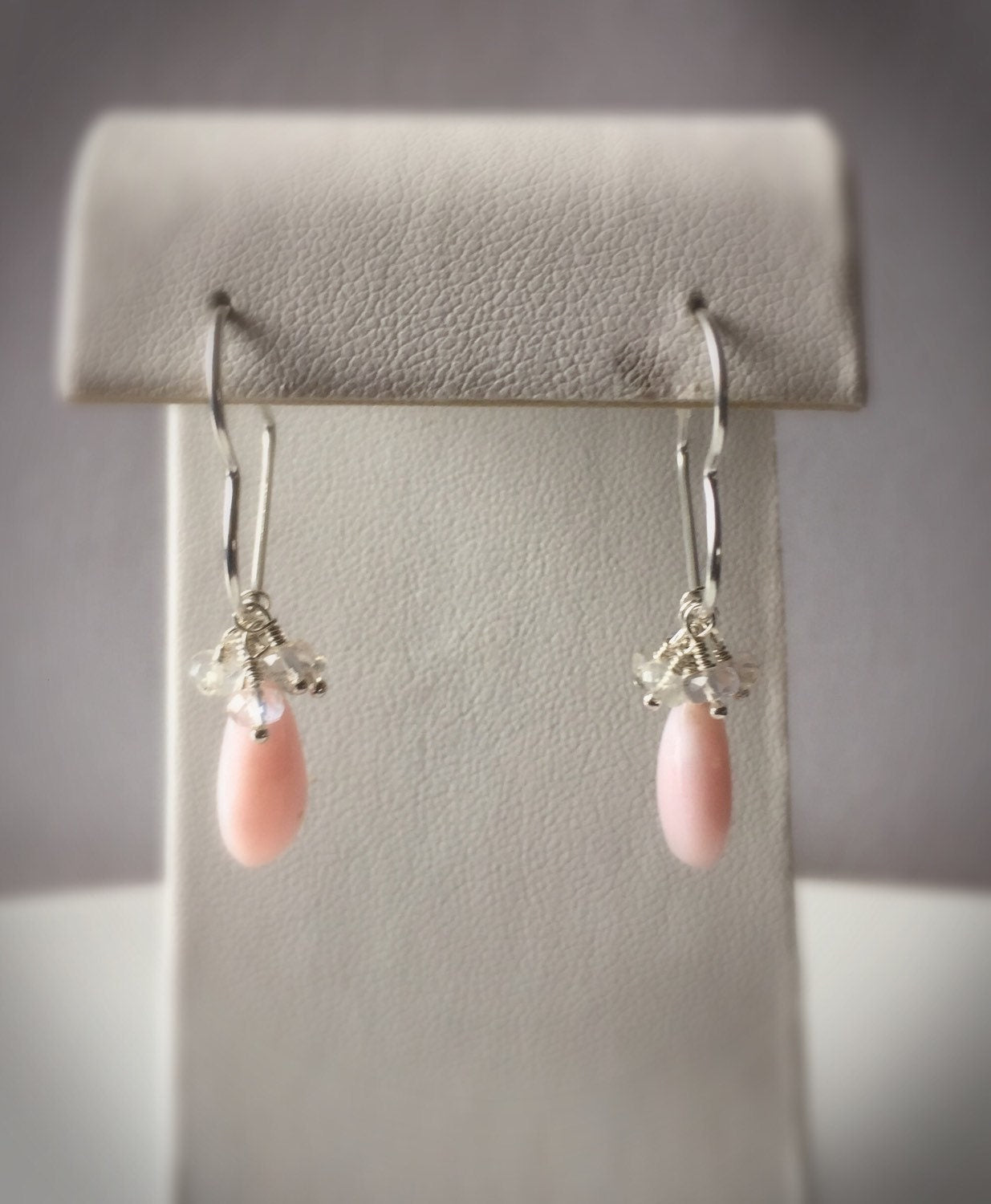 Petal Pink Opal and Ceylon Rainbow Moonstone Silver Heart Earrings