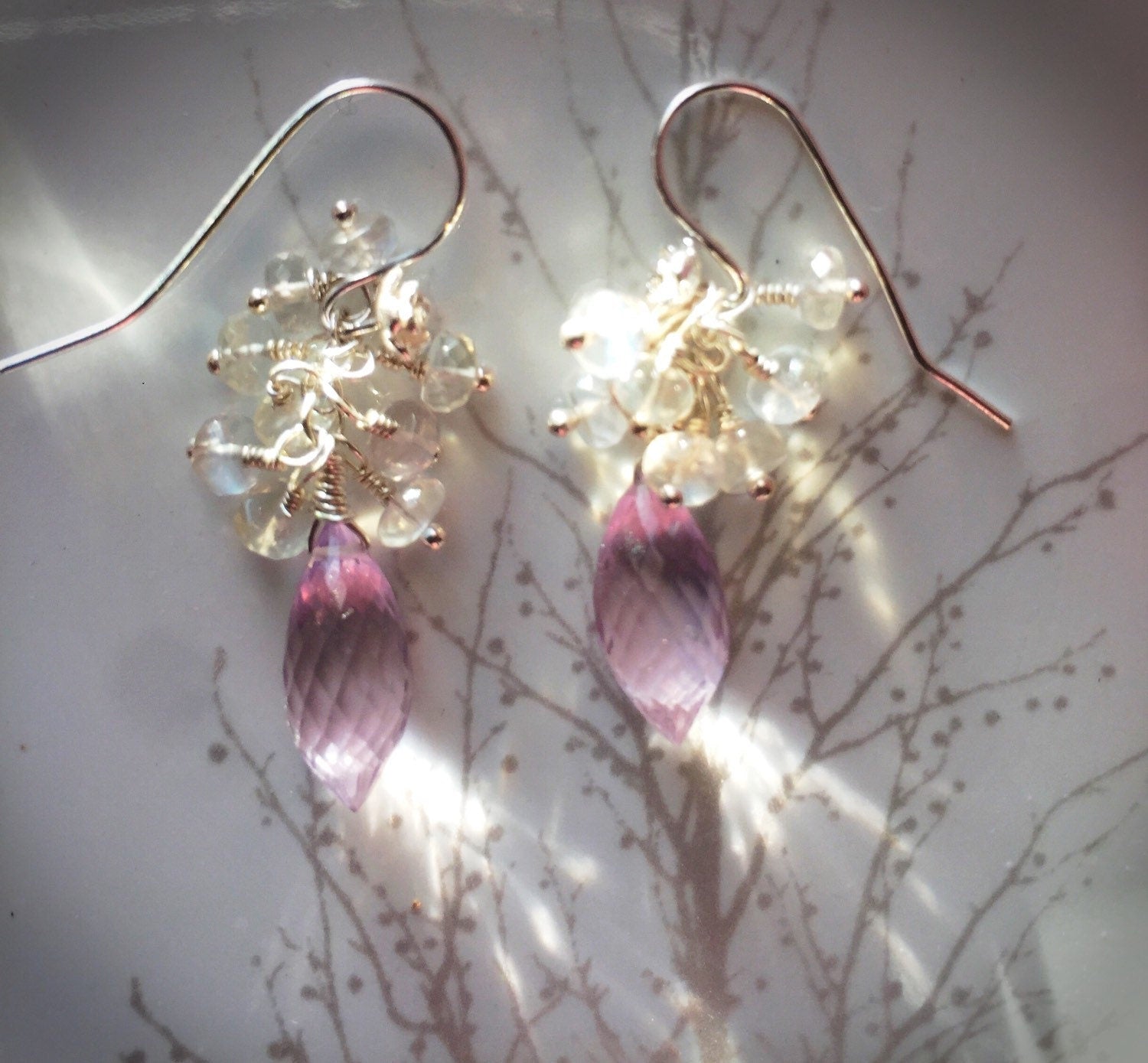 Petal Pink Amethyst and Ceylon Moonstone Rose Earrings