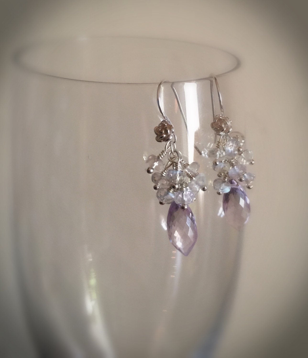 Petal Pink Amethyst and Ceylon Moonstone Rose Earrings