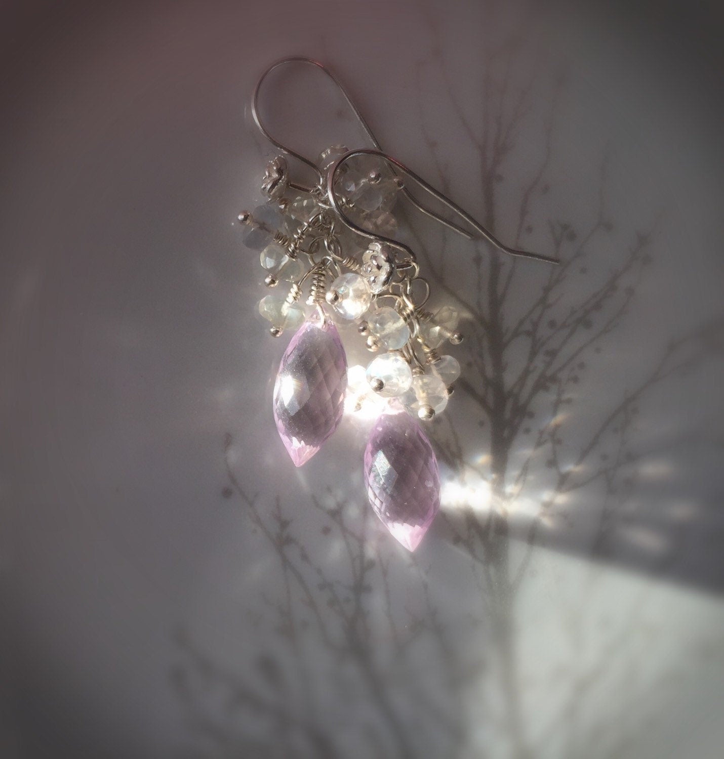 Petal Pink Amethyst and Ceylon Moonstone Rose Earrings