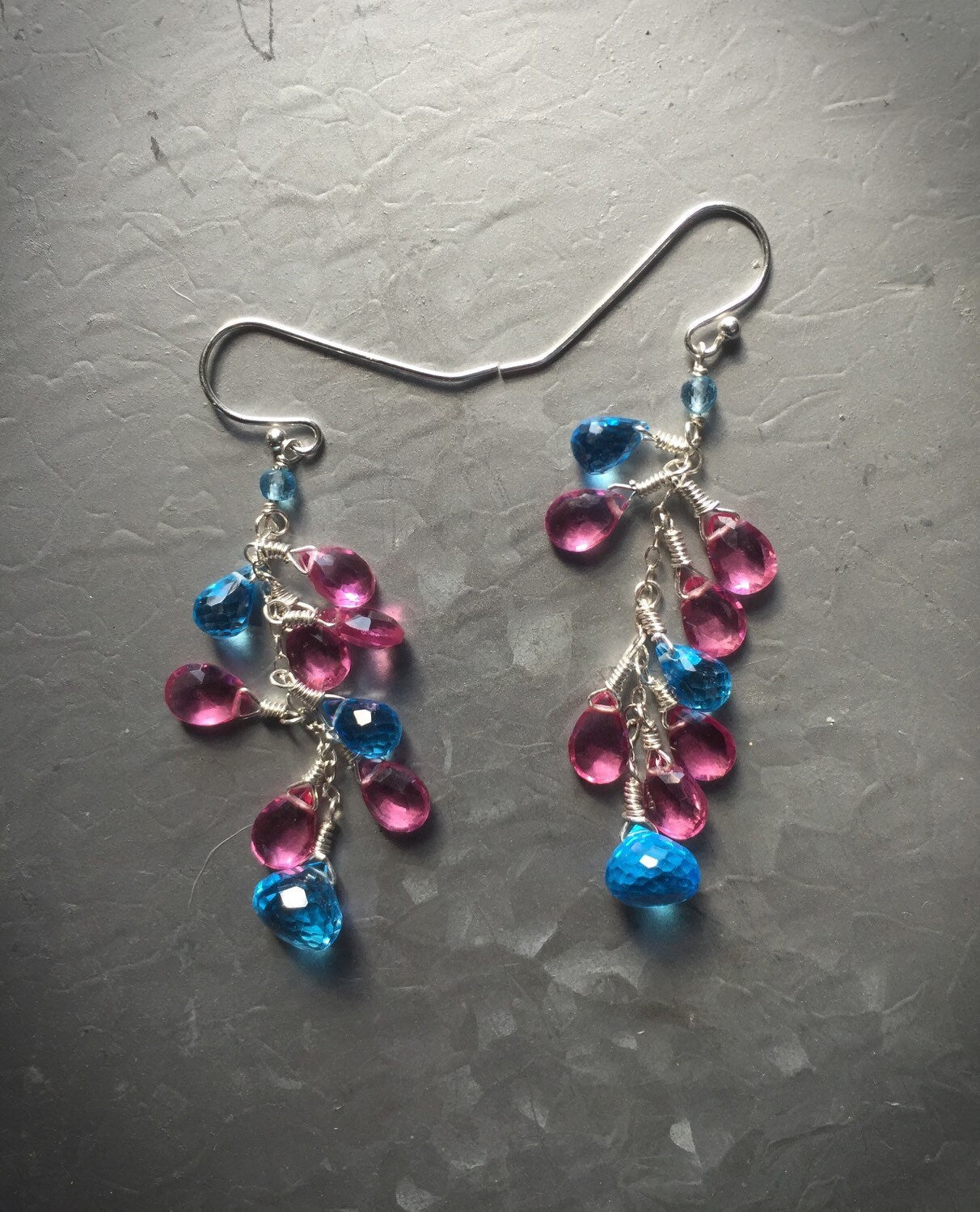 Bright Swiss Blue Topaz and Hot Pink Topaz Silver Dangle Earrings